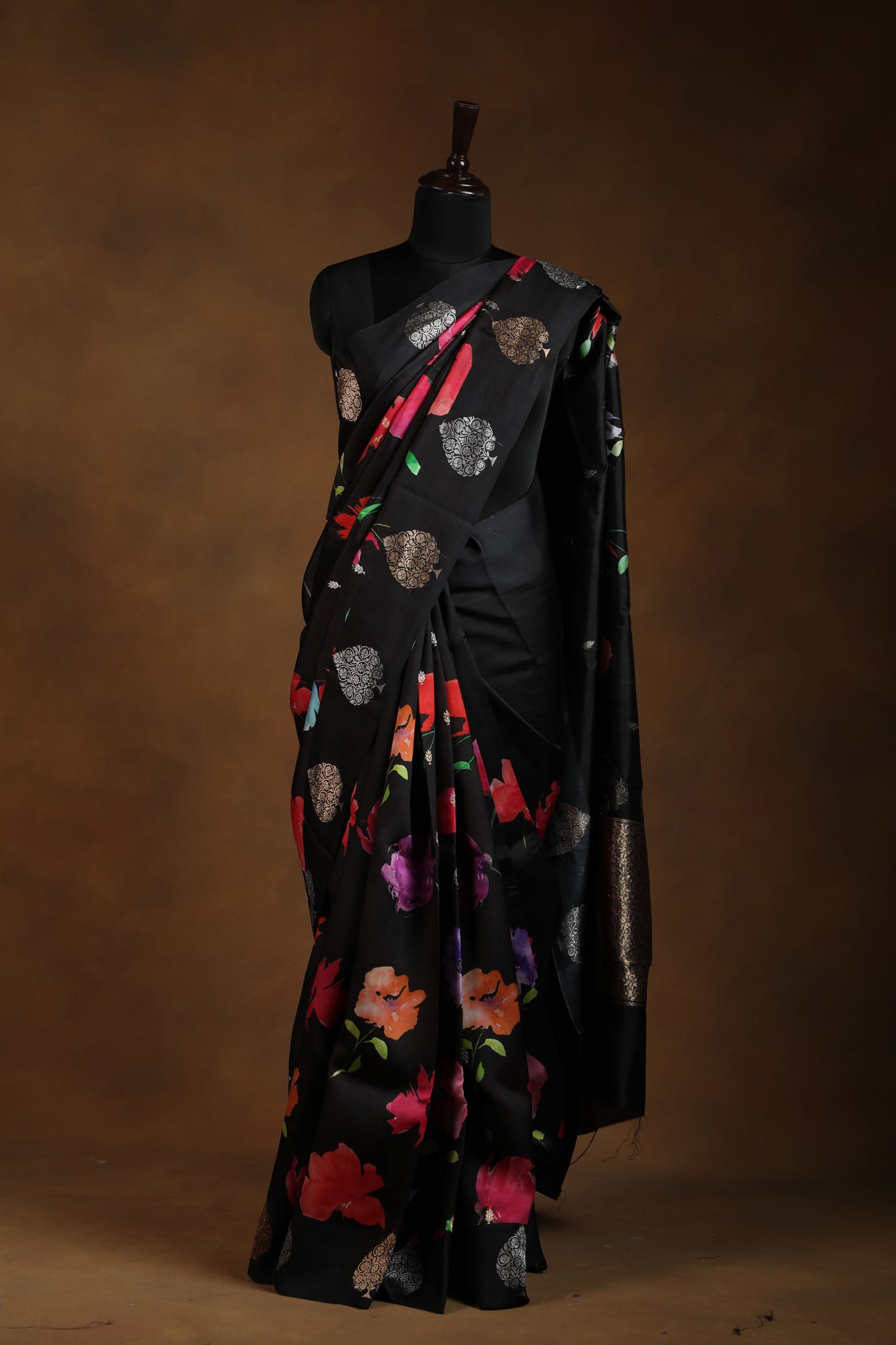 Elegant Black Floral Printed Saree with Golden Motif Detailing