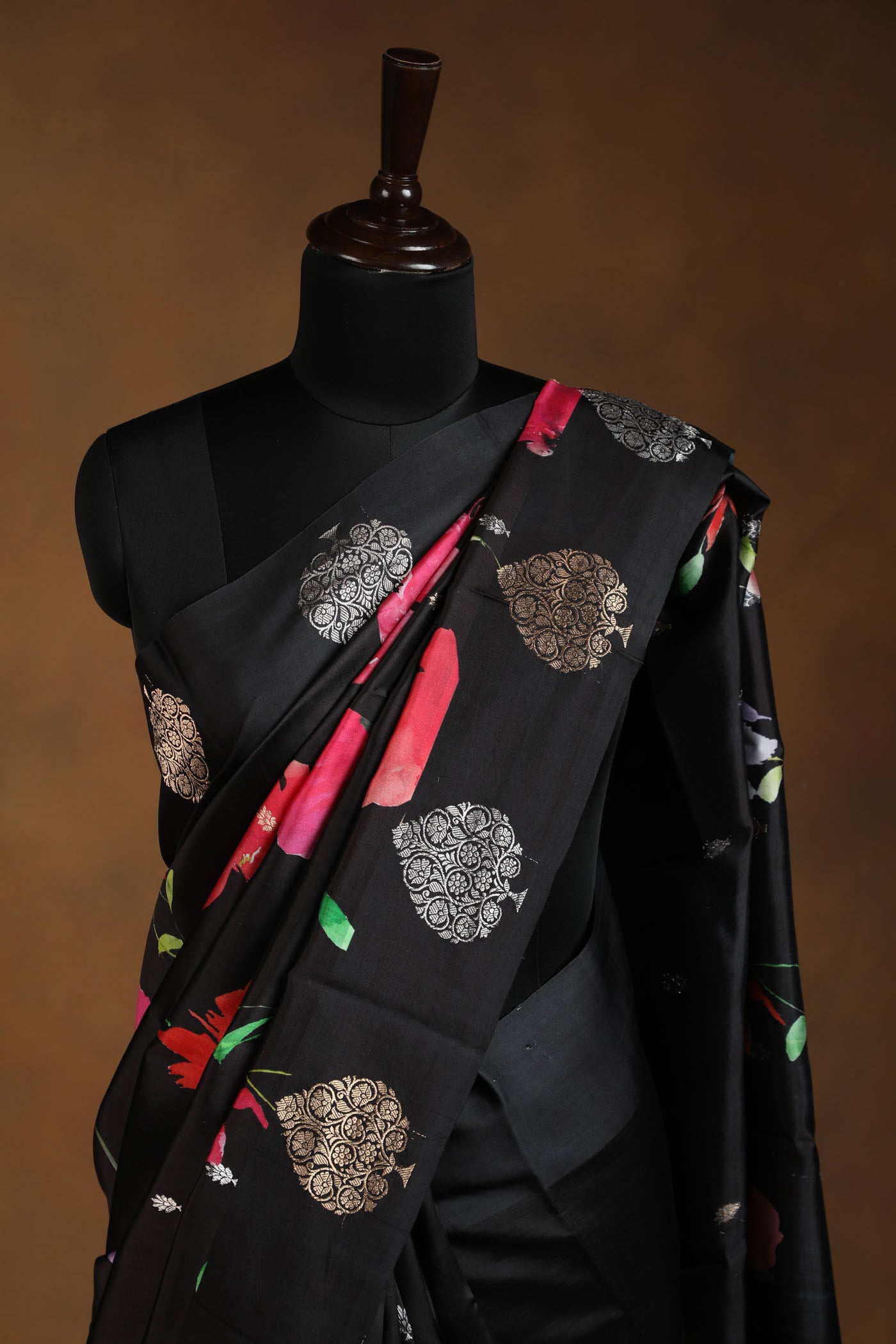 Elegant Black Floral Printed Saree with Golden Motif Detailing
