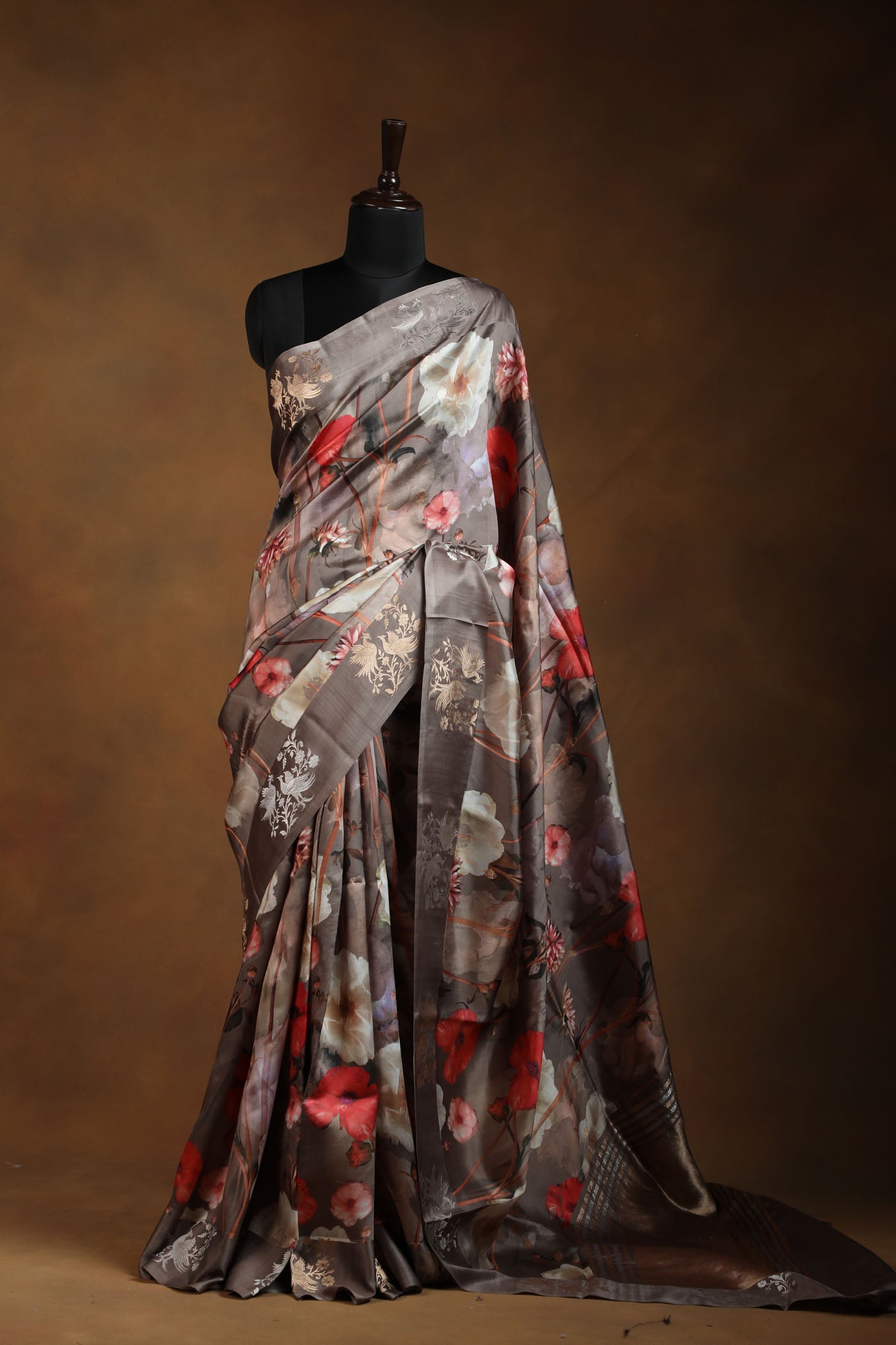 Subtle Grey Floral Saree with Elegant Bird Motif Border