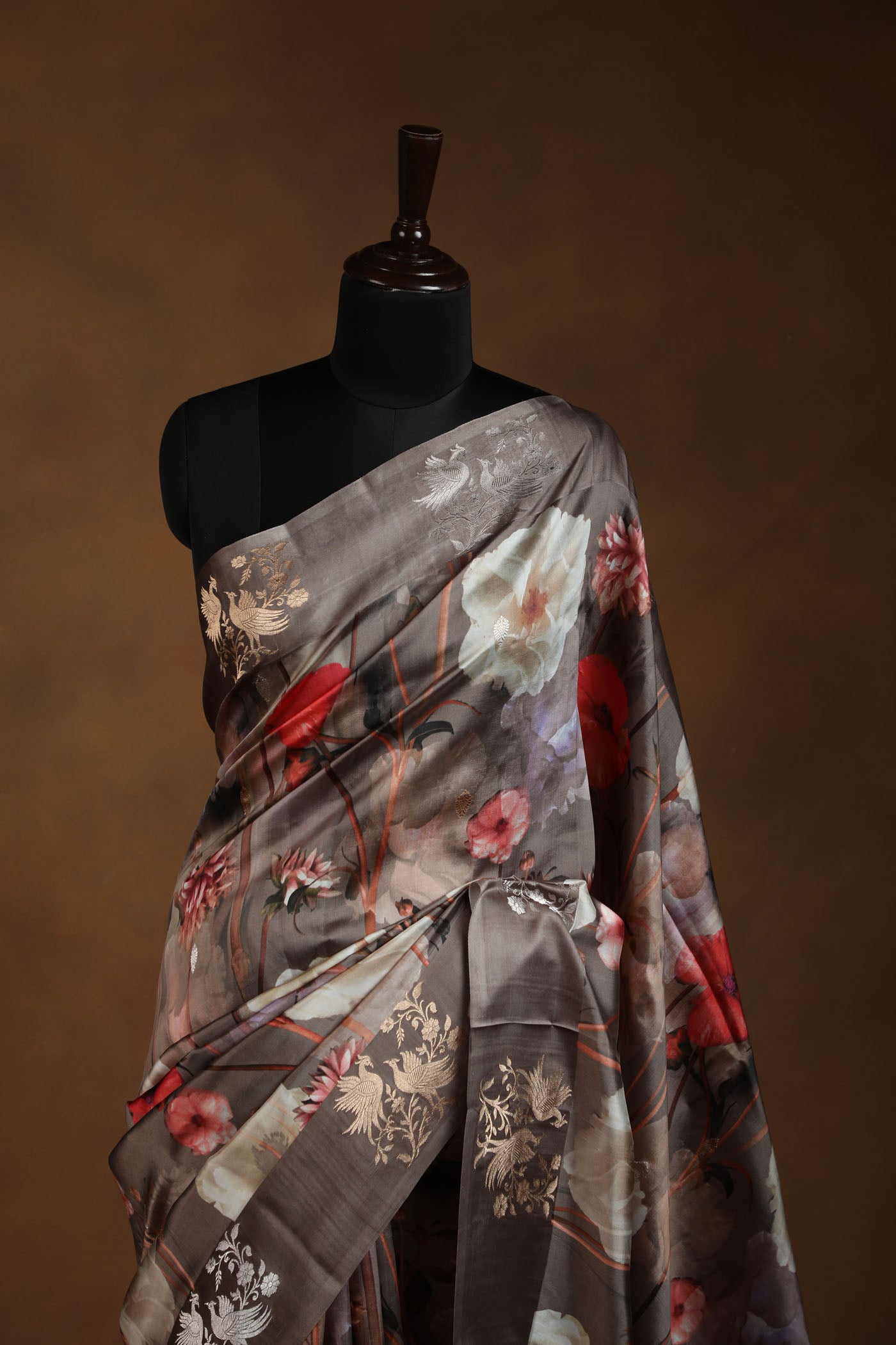 Subtle Grey Floral Saree with Elegant Bird Motif Border