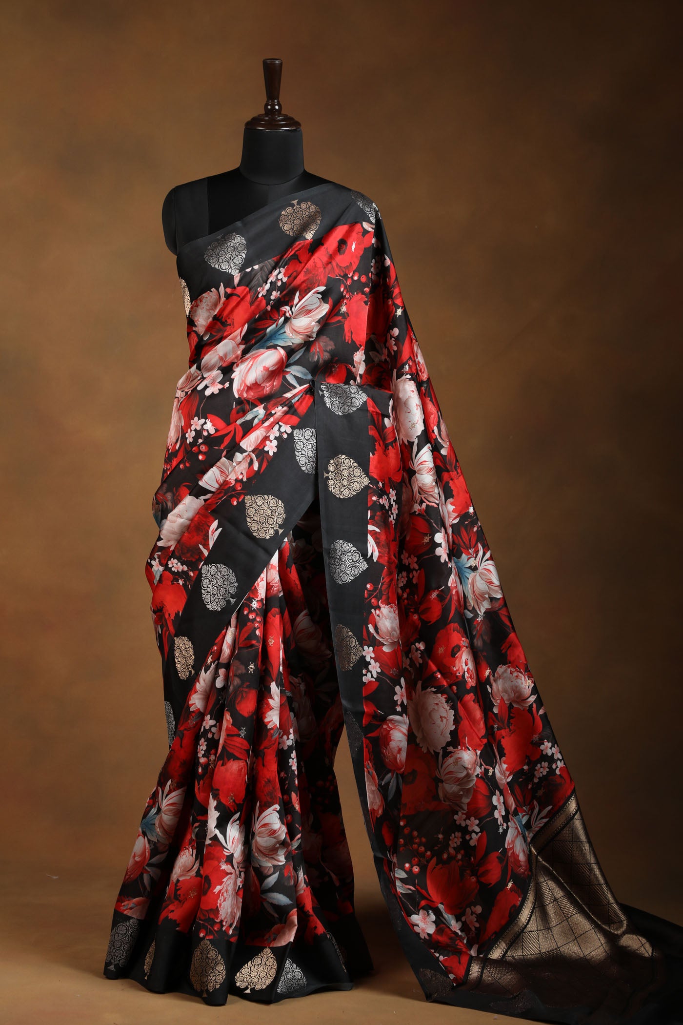 Bold Red Floral Printed Saree with Golden Tree Motif Border