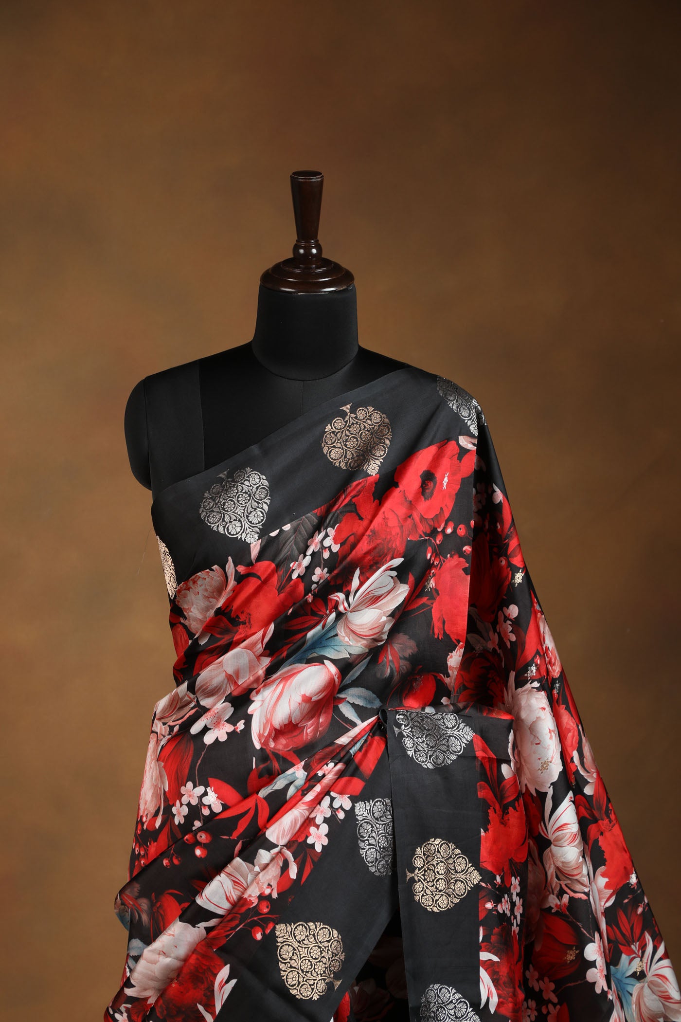 Bold Red Floral Printed Saree with Golden Tree Motif Border