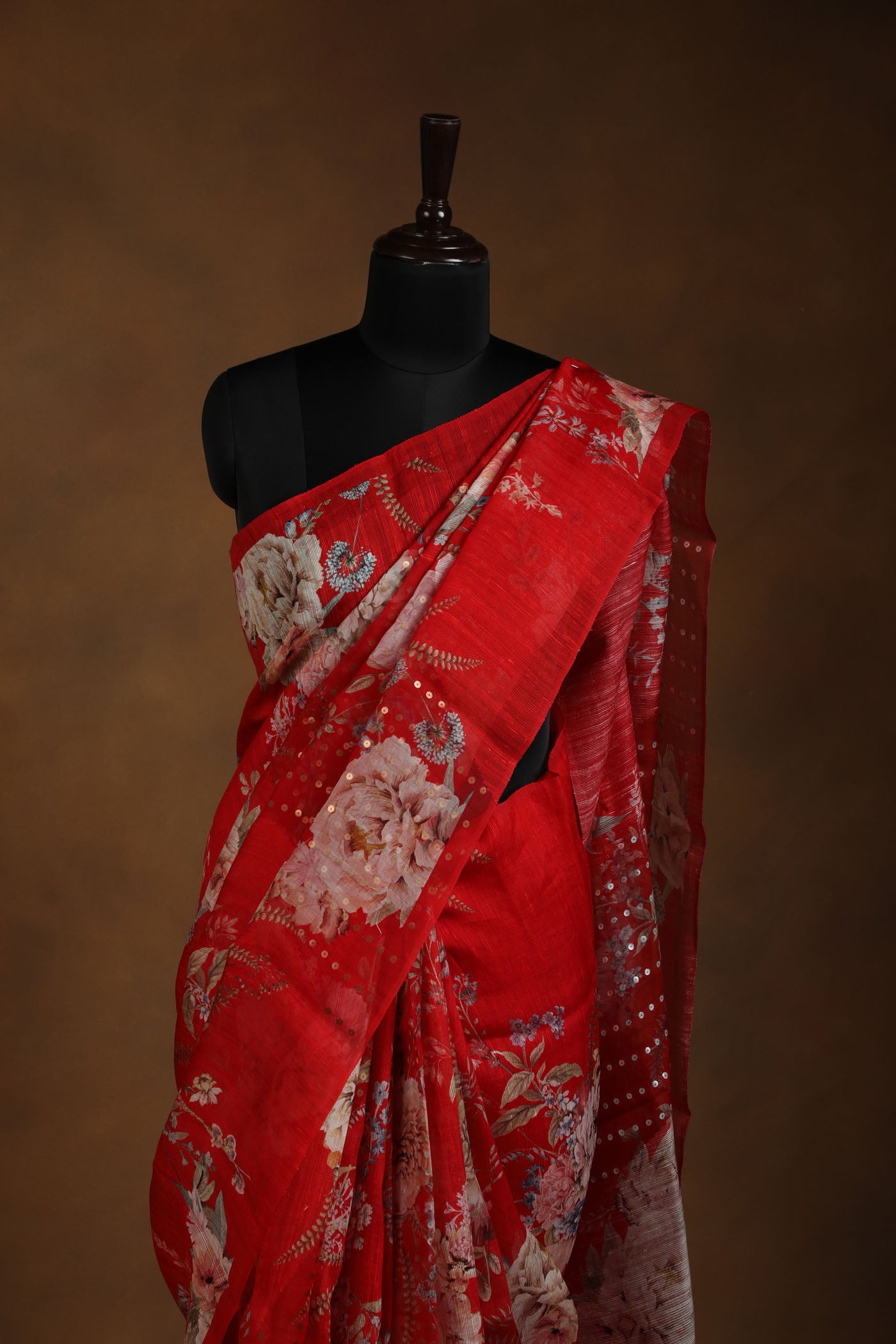 Radiant Red Floral Saree with Sequin Detailing