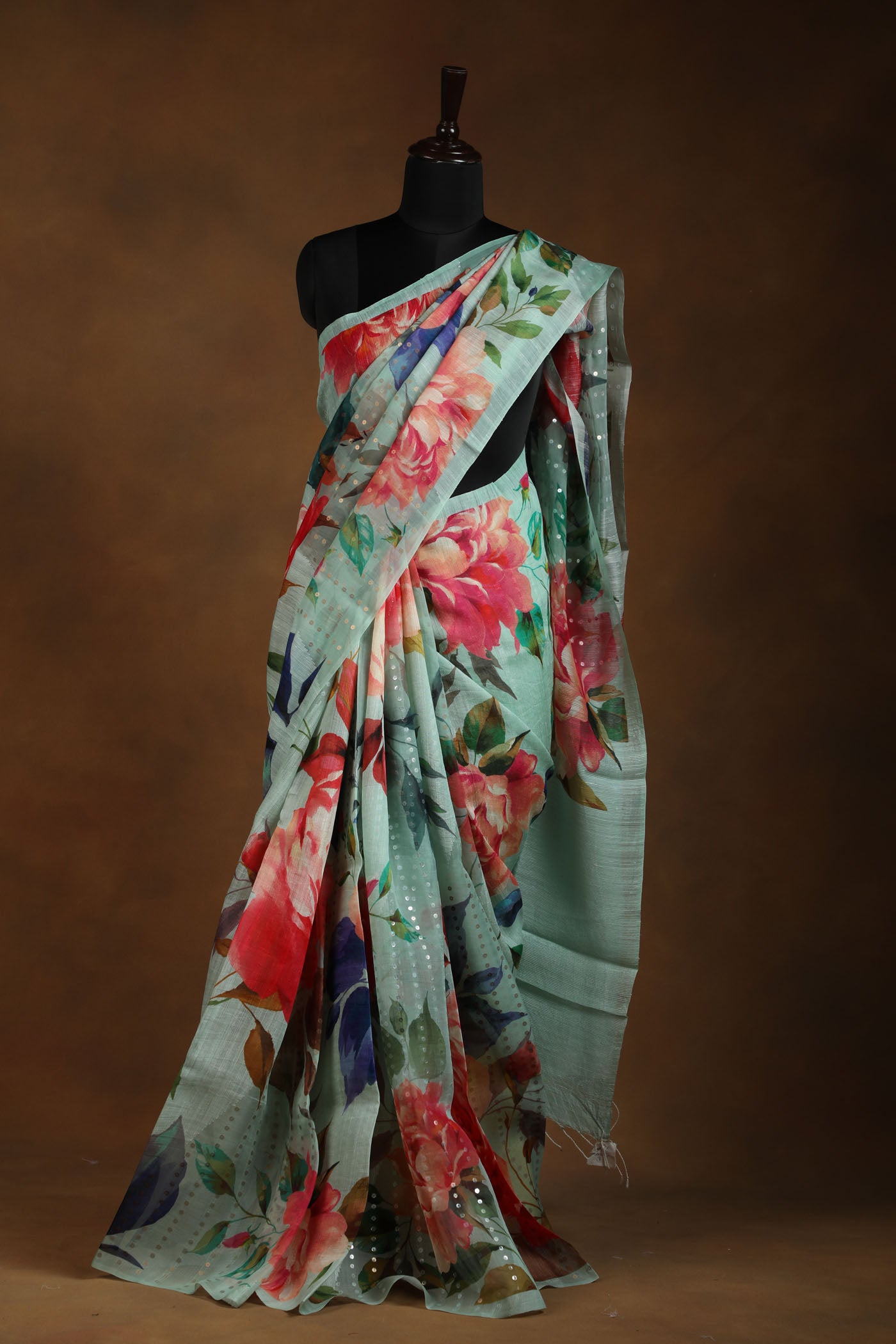Pastel Green Floral Saree with Sequin Highlights