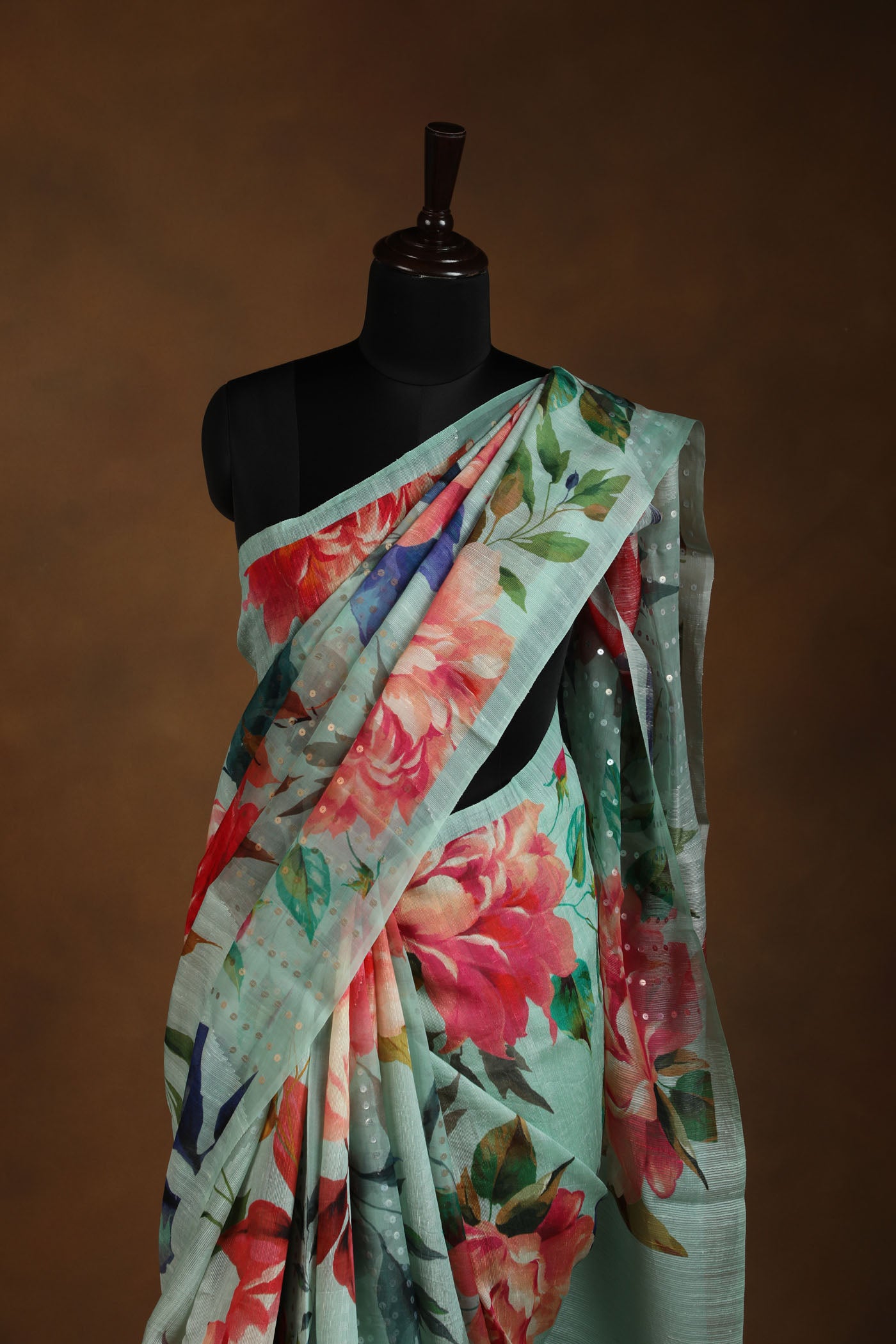 Pastel Green Floral Saree with Sequin Highlights