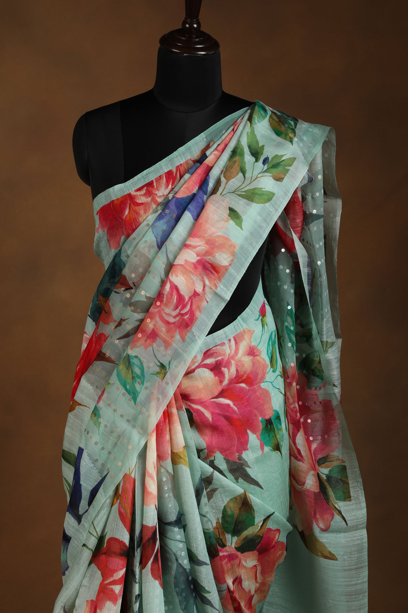 Pastel Green Floral Saree with Sequin Highlights