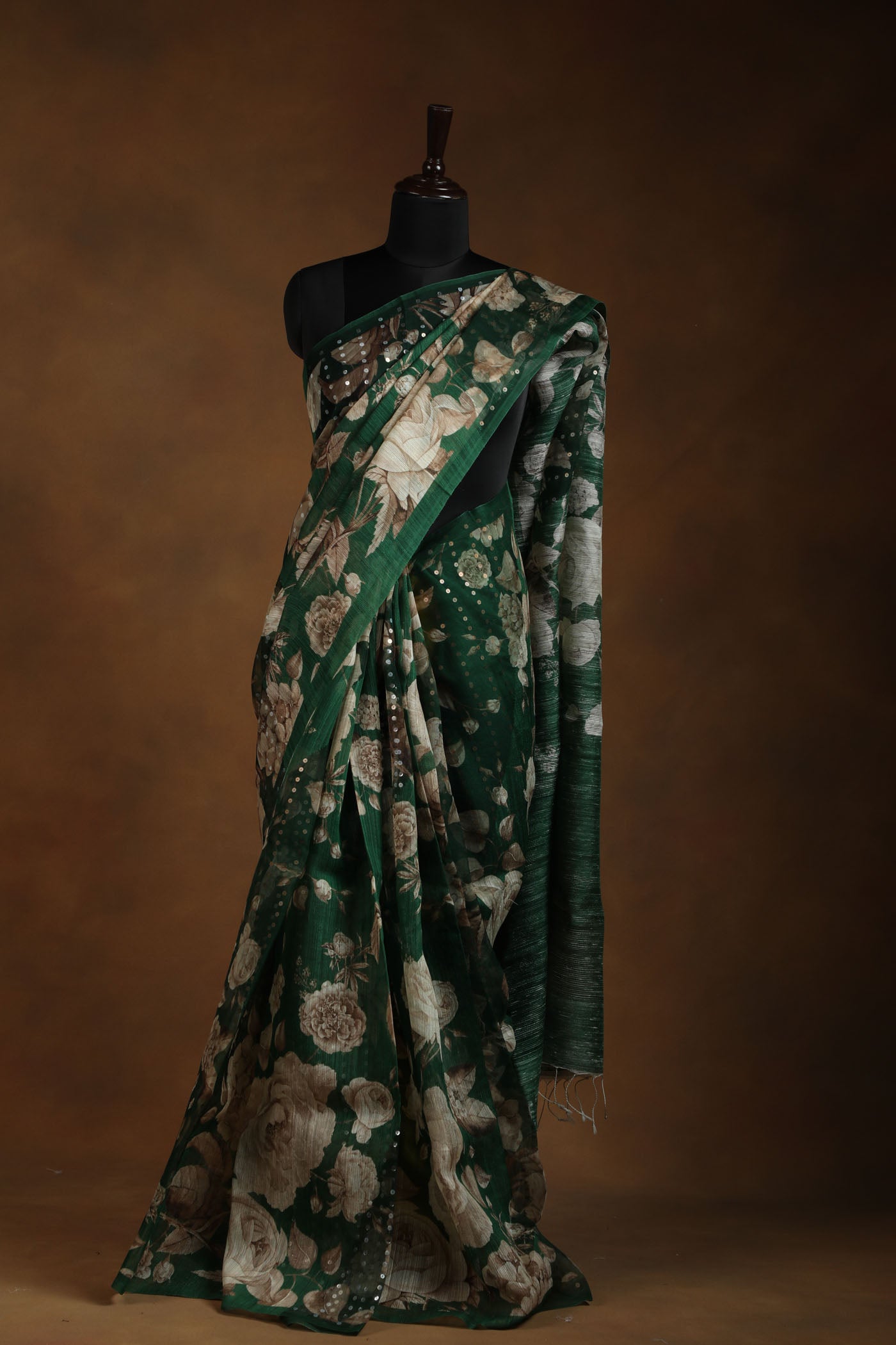 Emerald Green Floral Saree with Golden Sequin Detailing