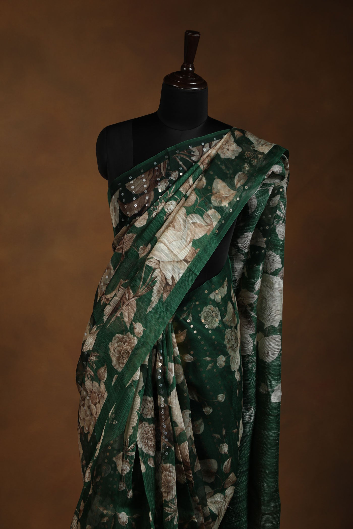 Emerald Green Floral Saree with Golden Sequin Detailing