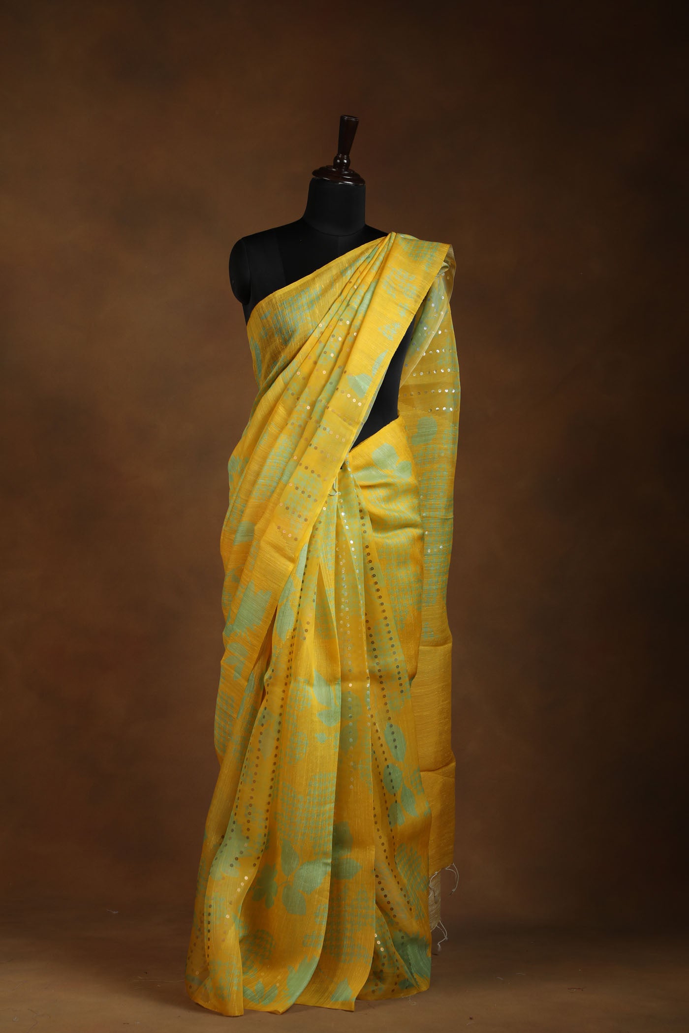 Mustard Yellow Printed Saree with Silver Sequin Embellishments