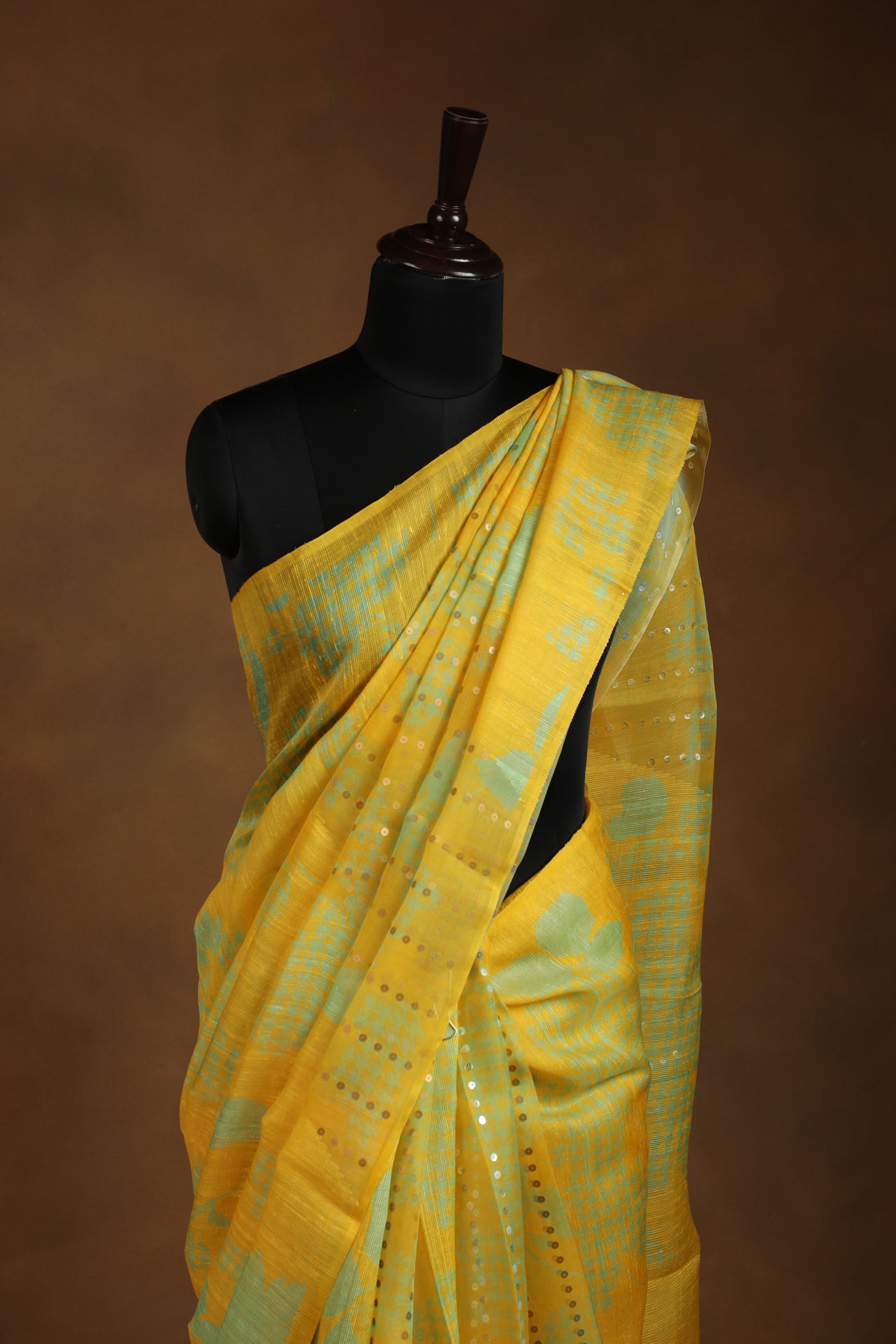 Mustard Yellow Printed Saree with Silver Sequin Embellishments