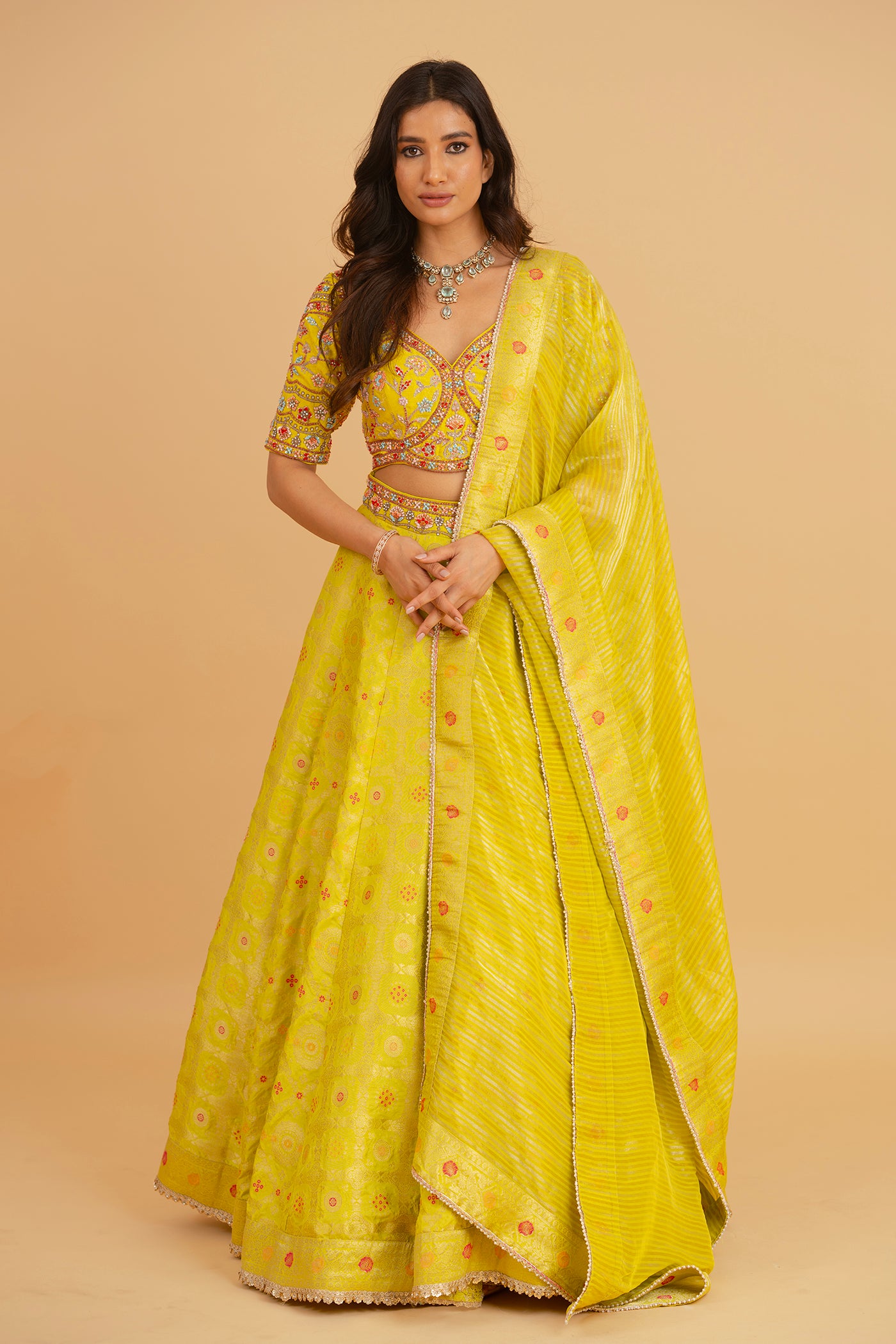 Lime green banarsi lehenga with multicolour embroidery
