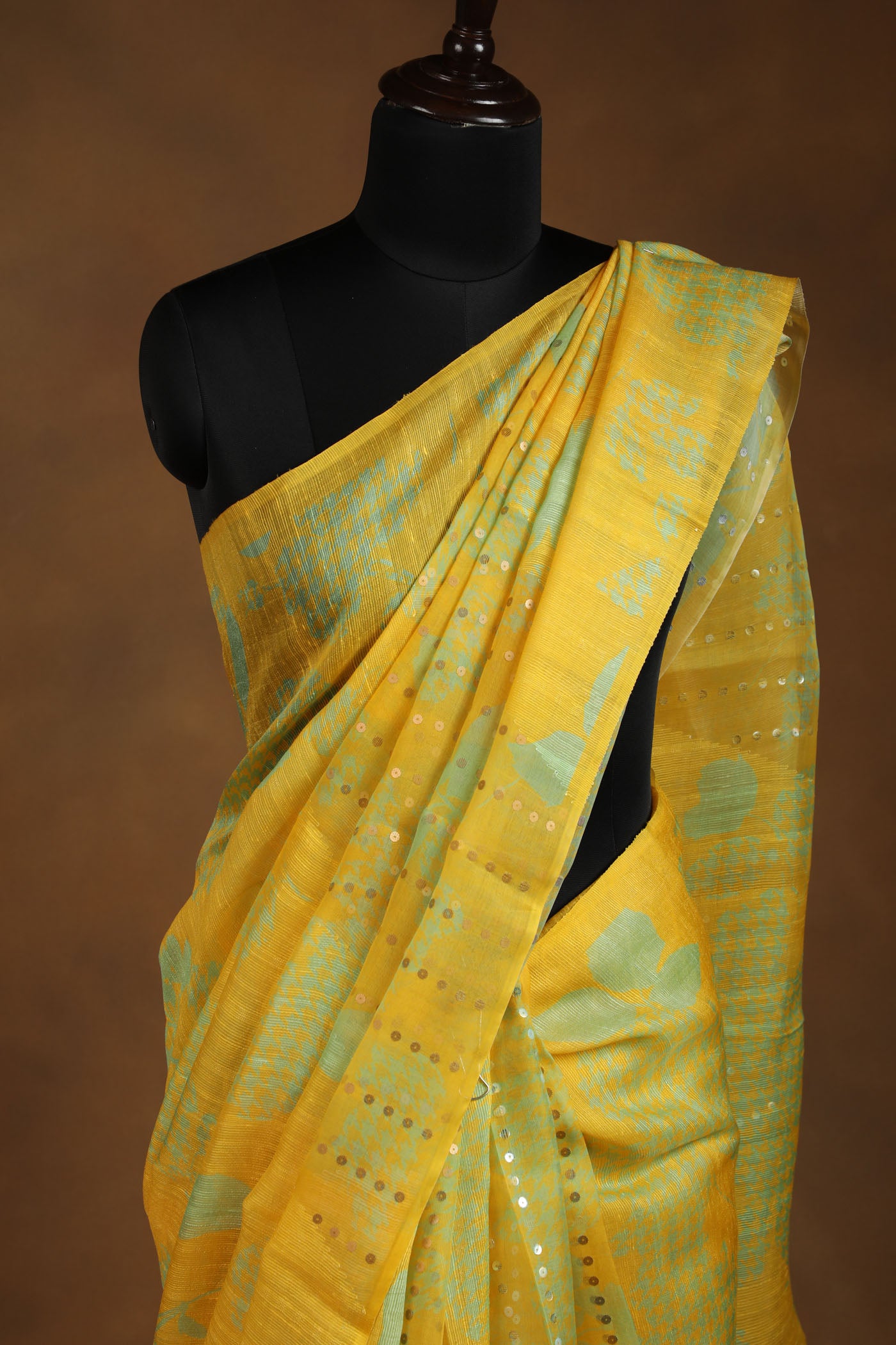 Mustard Yellow Printed Saree with Silver Sequin Embellishments
