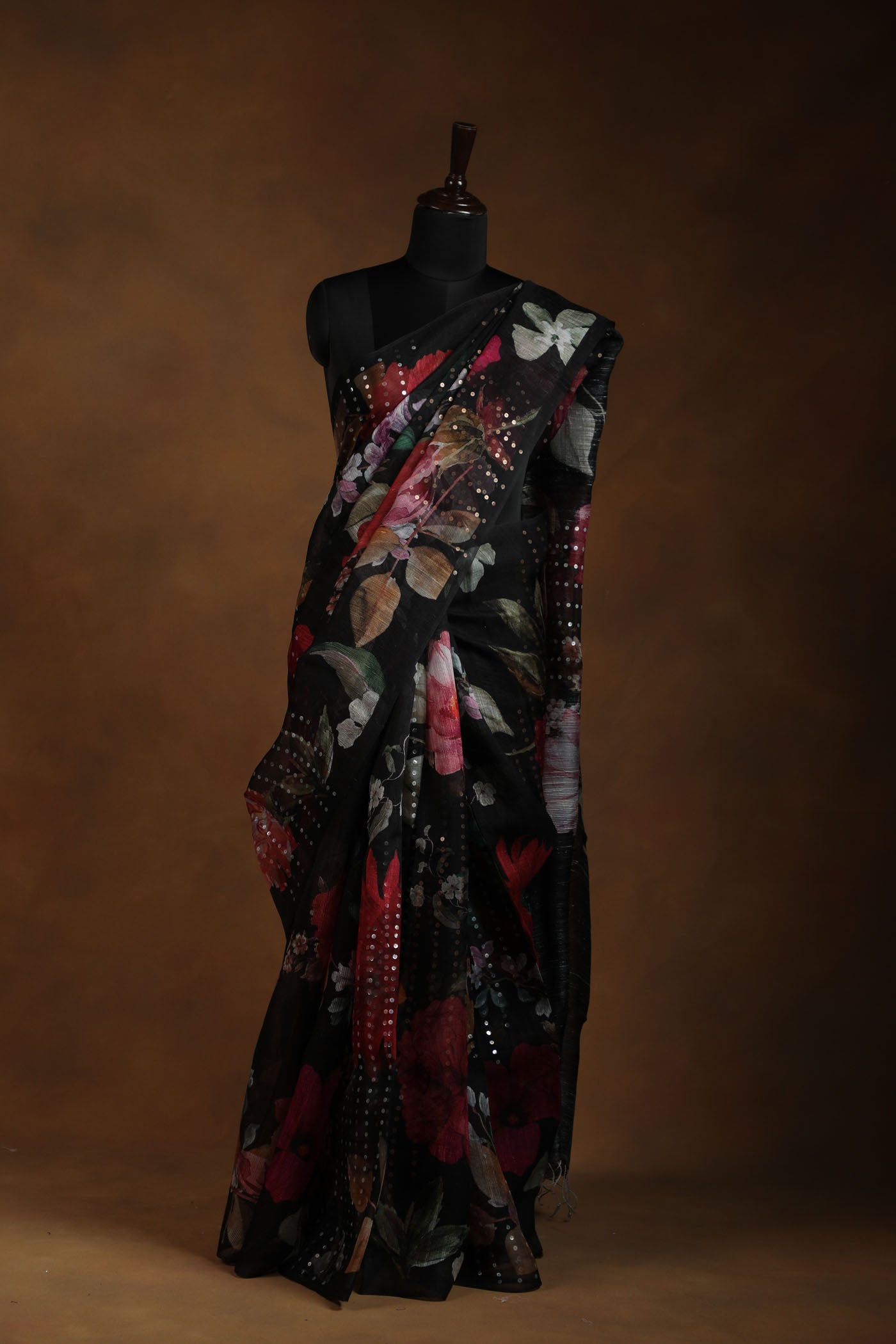 Midnight Bloom Black Saree with Bold Floral Print & Sequin Embellishments