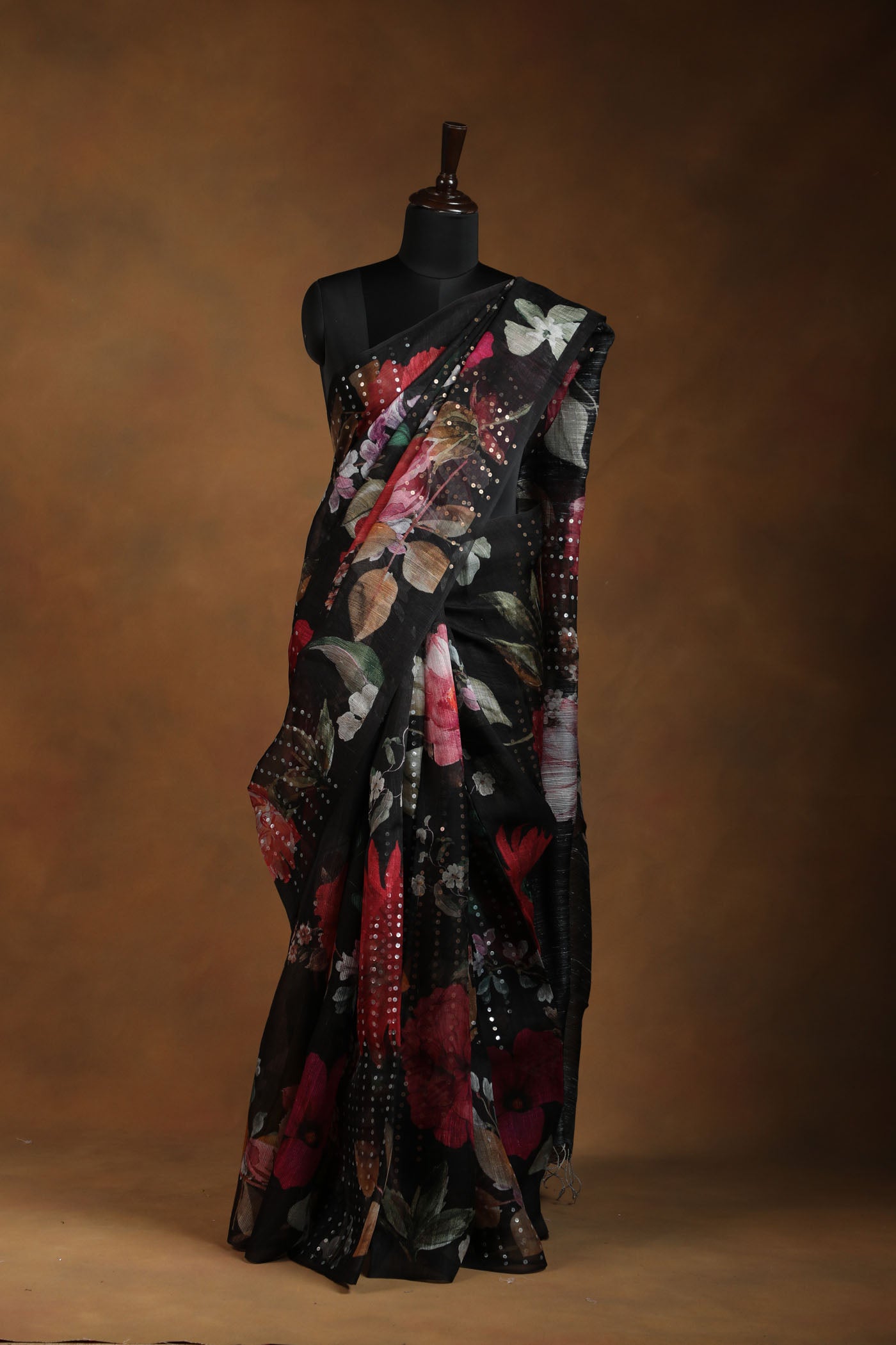 Midnight Bloom Black Saree with Bold Floral Print & Sequin Embellishments