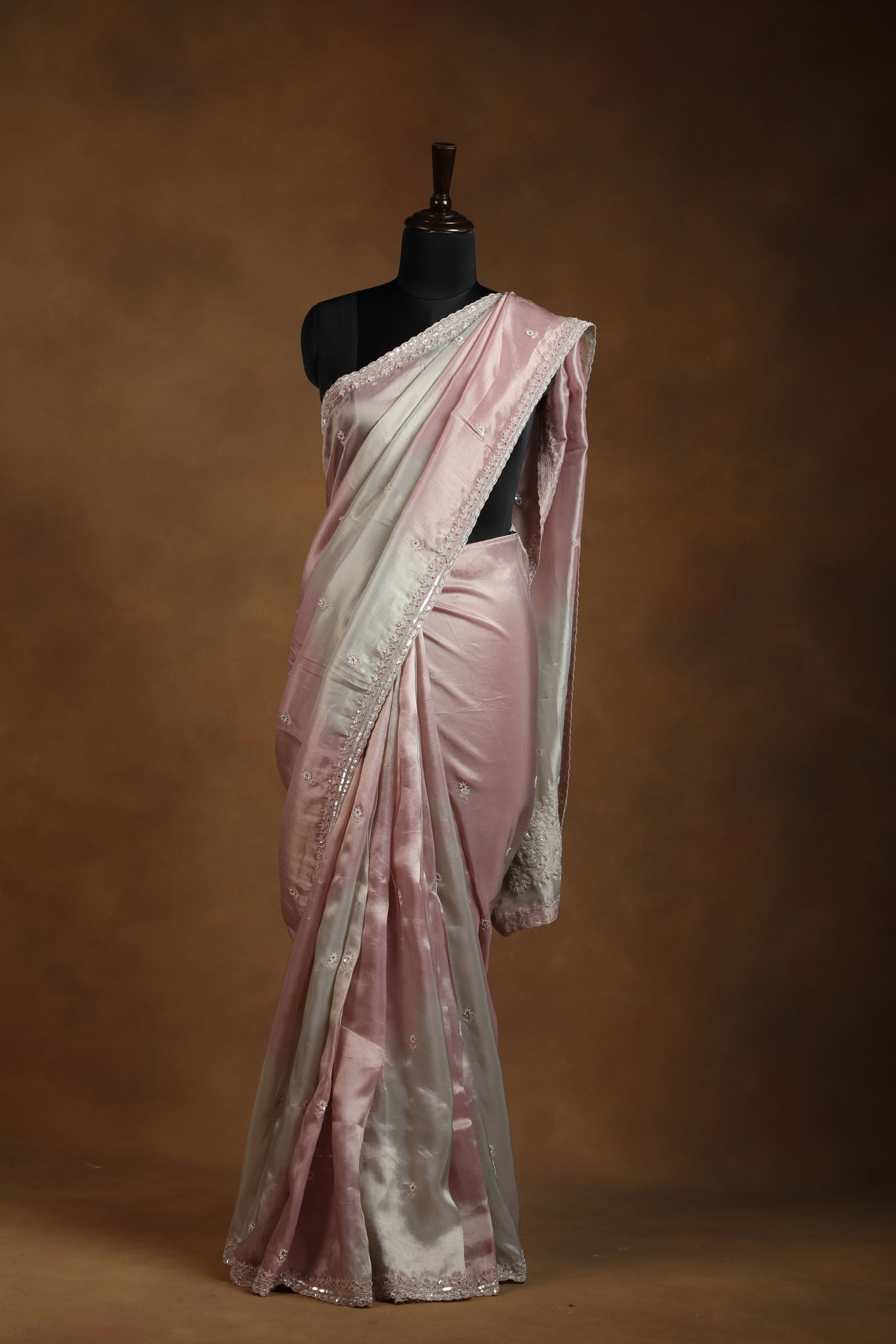 Blush Gold onion pink shaded Organza tissue Saree with Intricate Zari,pearl,cutdana & Sequin Work