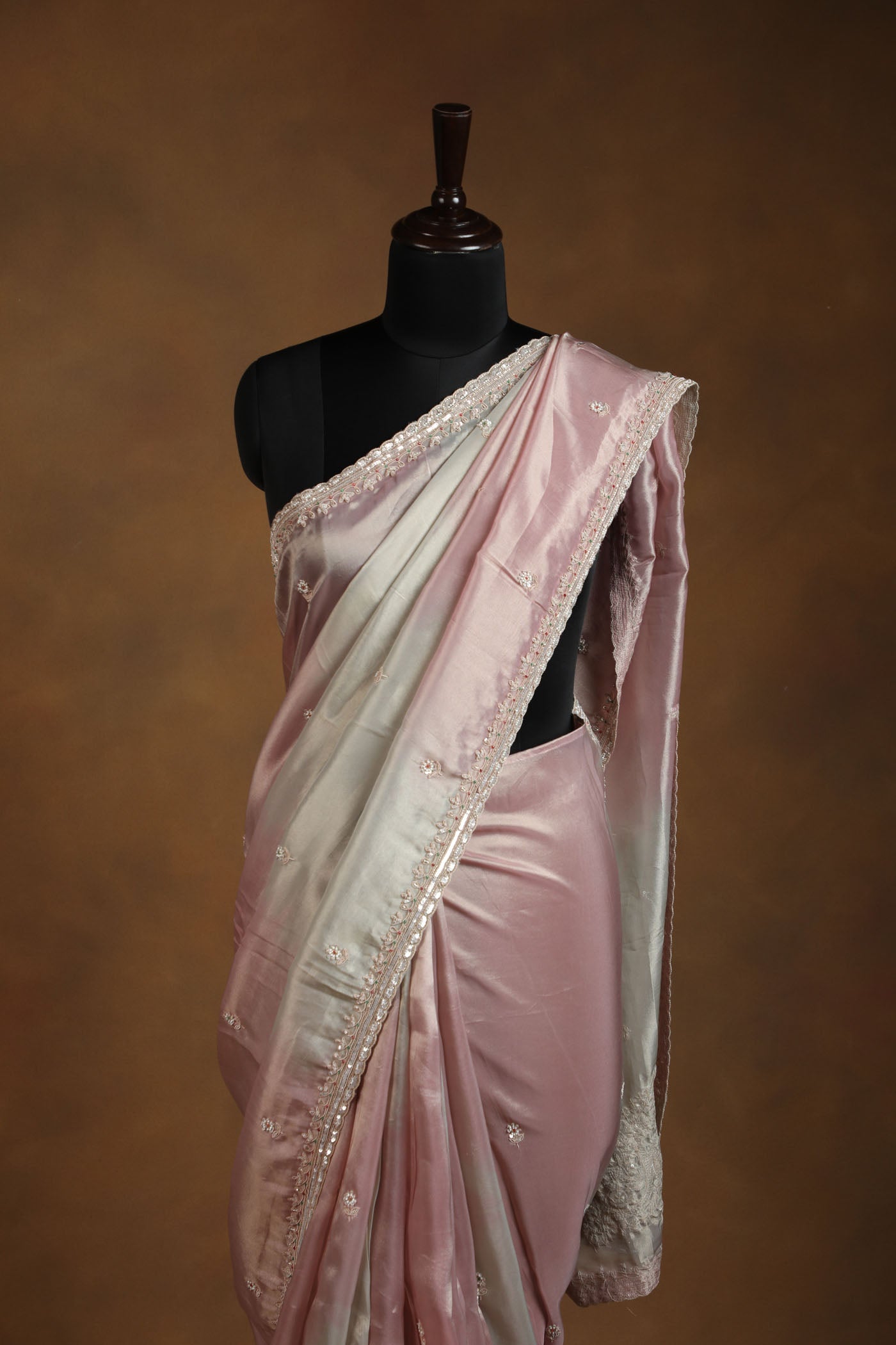 Blush Gold onion pink shaded Organza tissue Saree with Intricate Zari,pearl,cutdana & Sequin Work