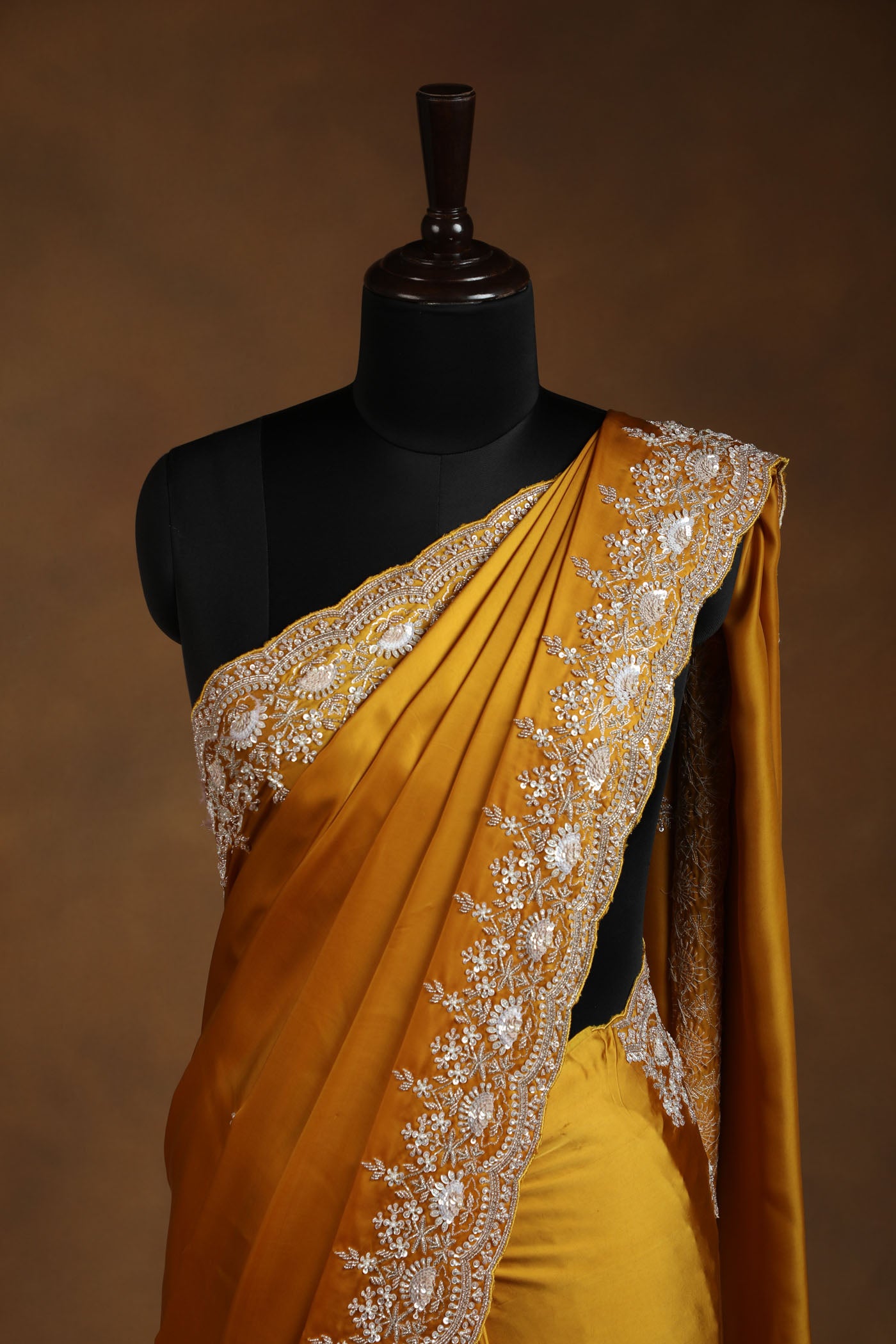 Mustard Yellow Satin Saree with Cutdana,pearl,Heavy Sequin & Zari Embroidery