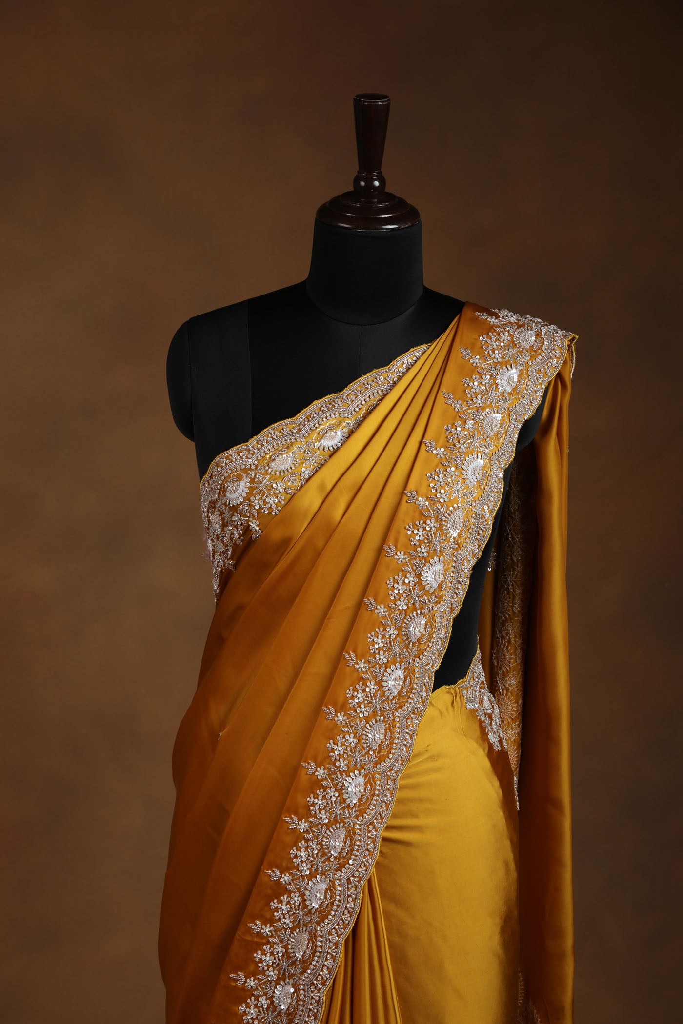 Mustard Yellow Satin Saree with Cutdana,pearl,Heavy Sequin & Zari Embroidery