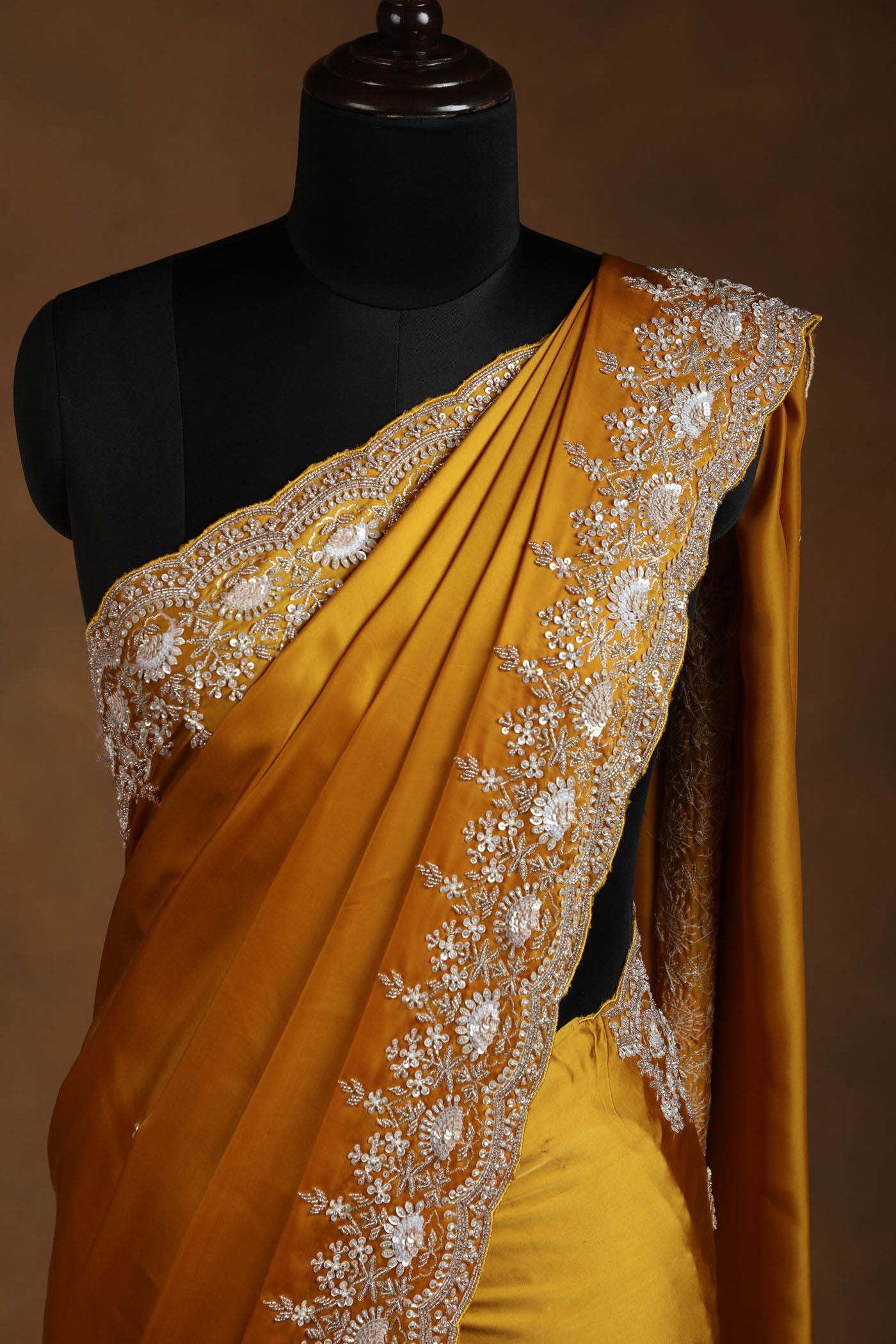 Mustard Yellow Satin Saree with Cutdana,pearl,Heavy Sequin & Zari Embroidery