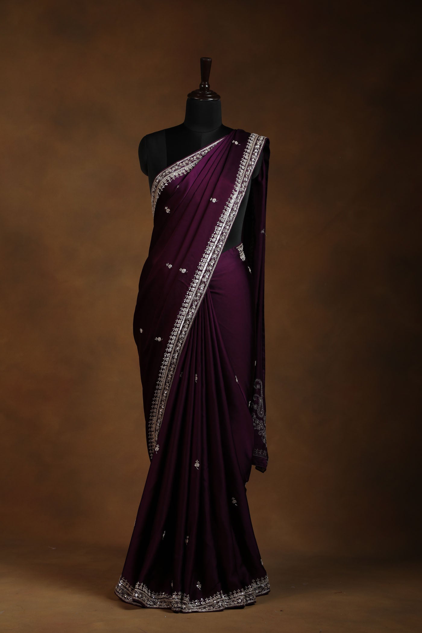 Deep Plum Satin Saree with Antique Gold Embroidery