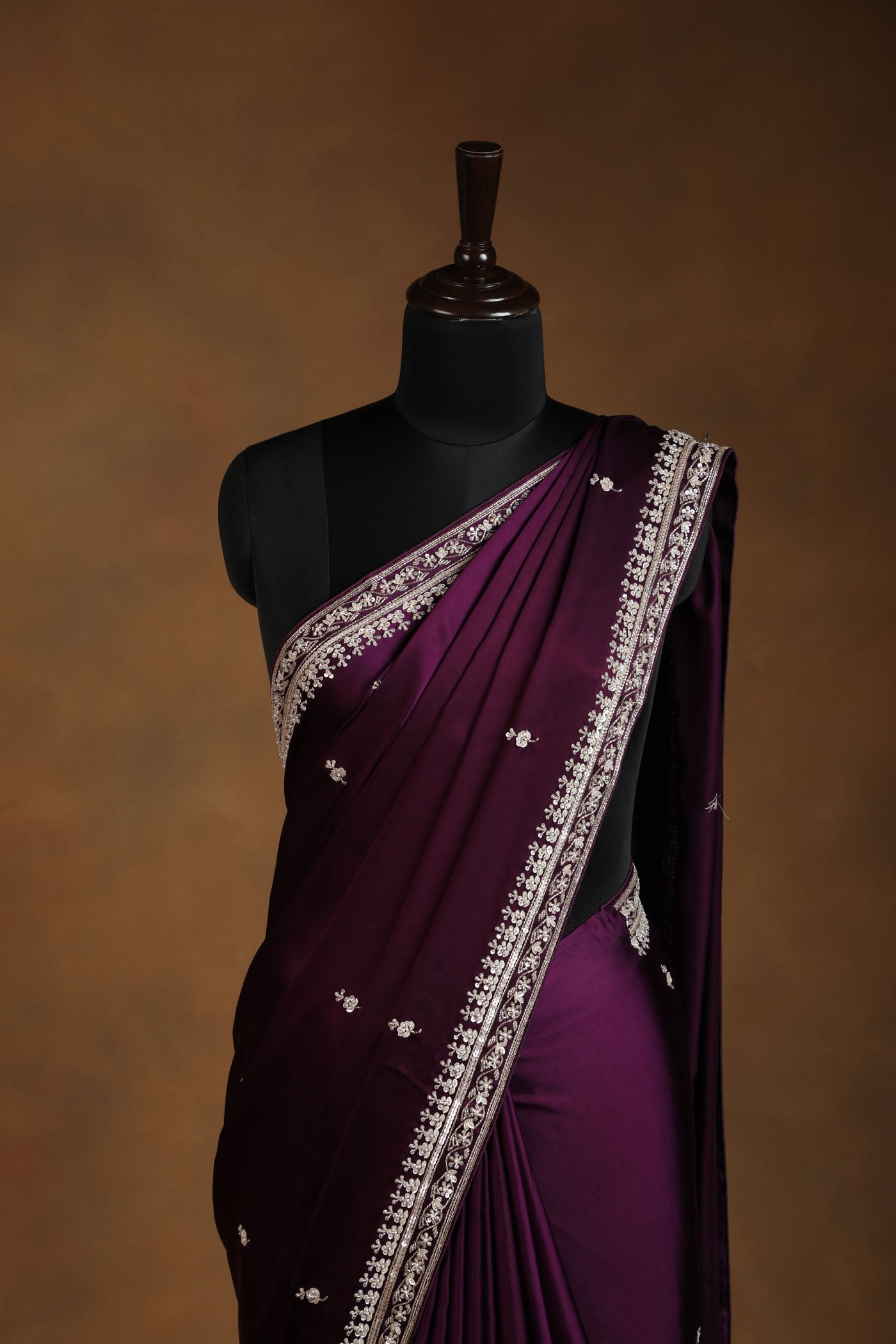Deep Plum Satin Saree with Antique Gold Embroidery