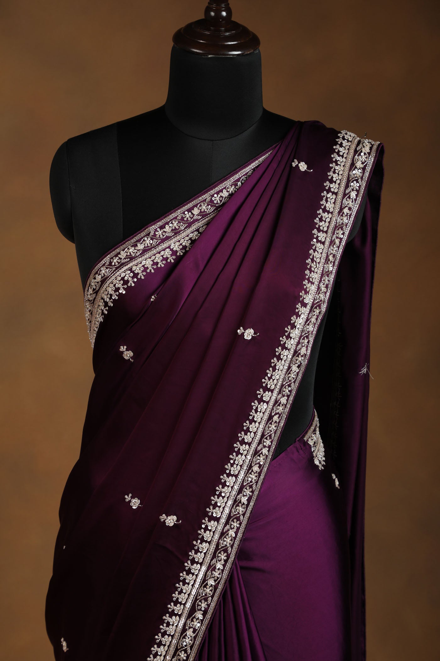 Deep Plum Satin Saree with Antique Gold Embroidery