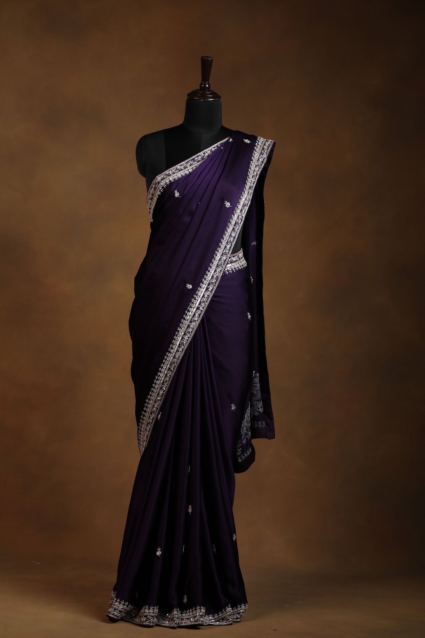 Midnight Purple Satin Saree with Intricate Gold Embroidery