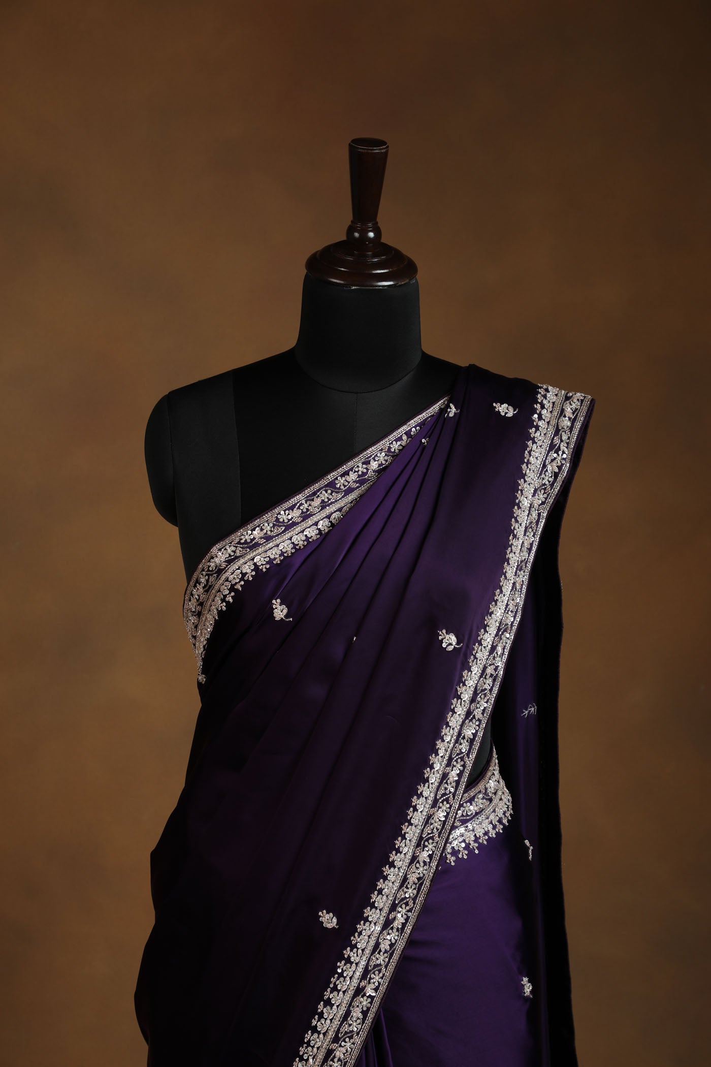 Midnight Purple Satin Saree with Intricate Gold Embroidery