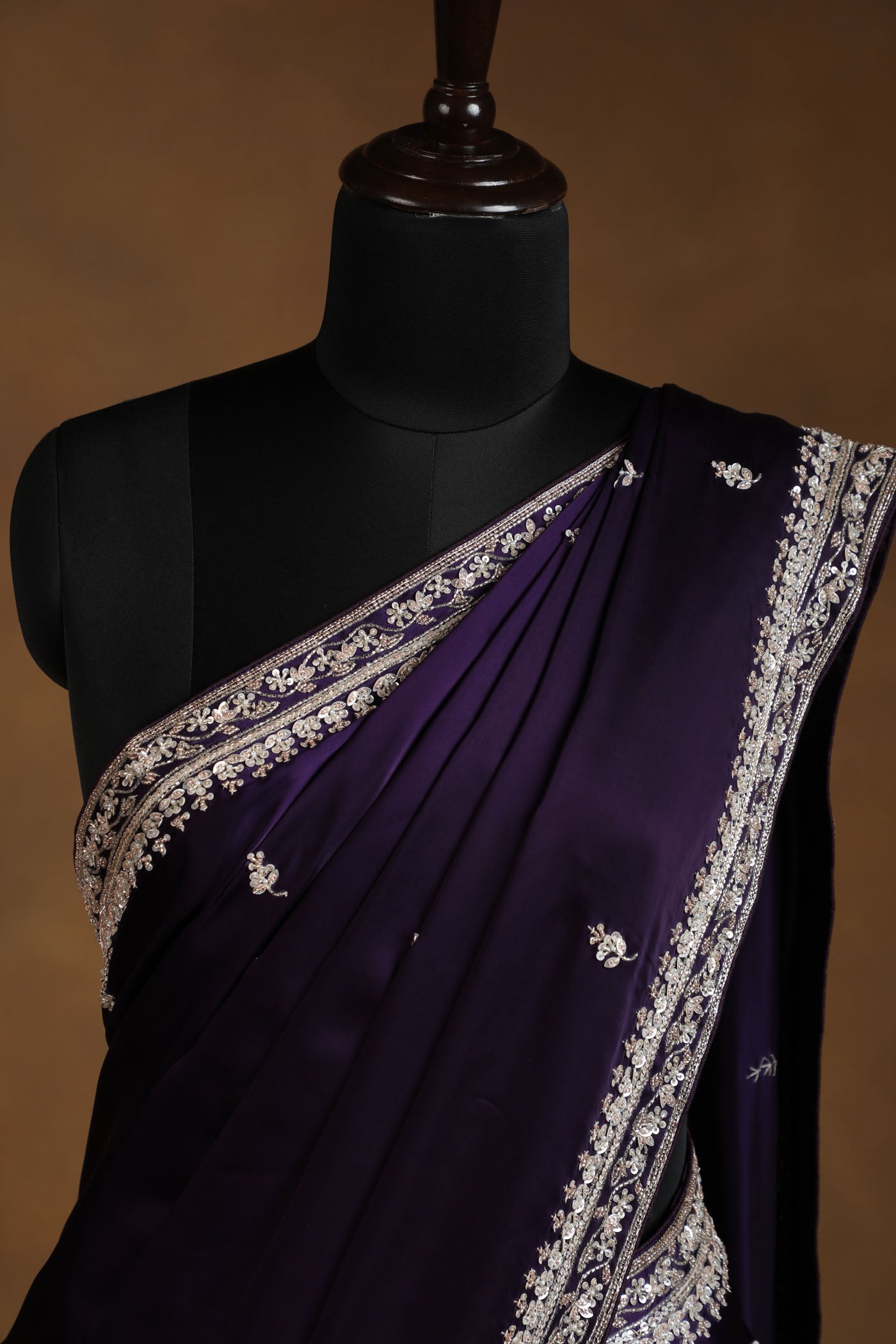 Midnight Purple Satin Saree with Intricate Gold Embroidery