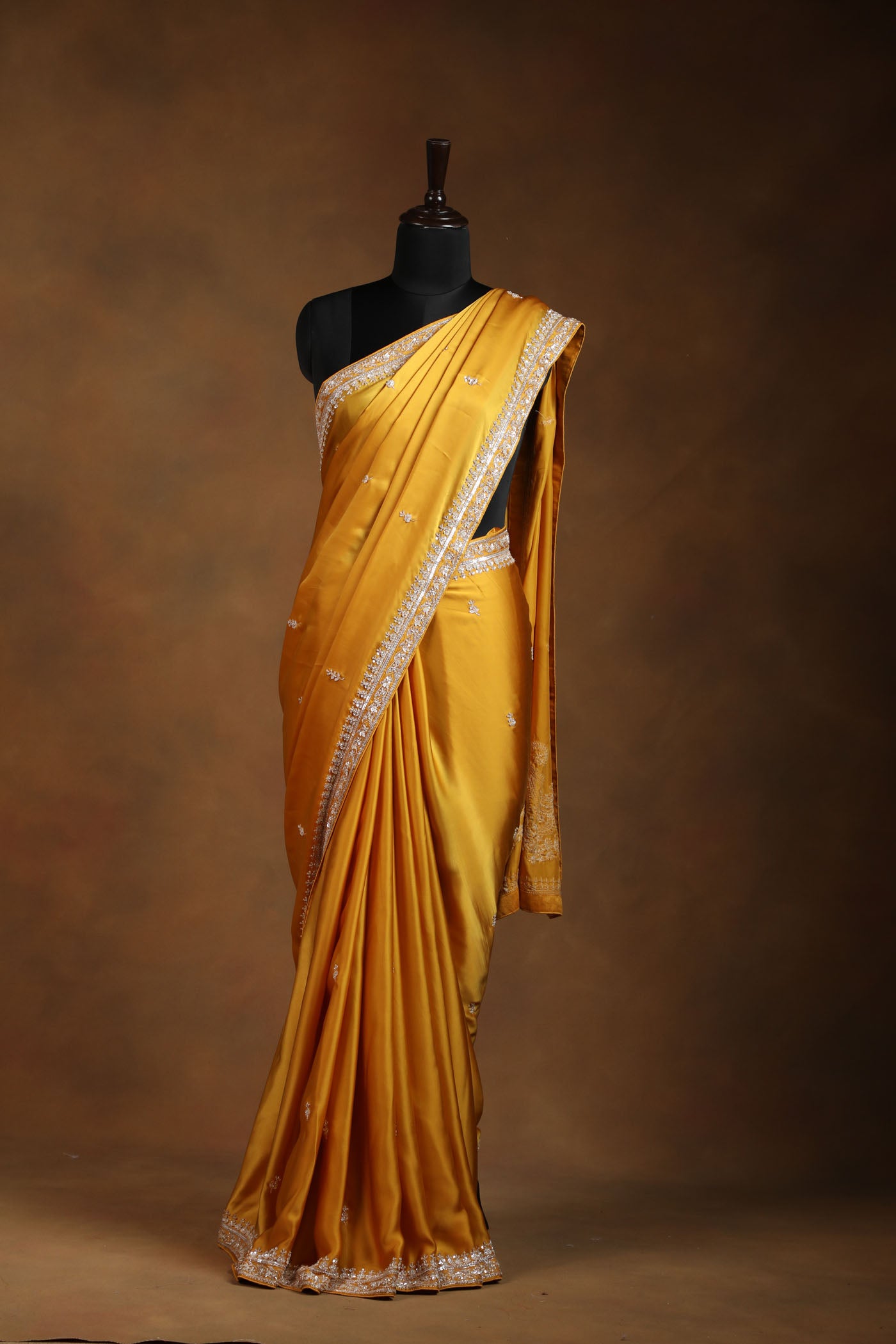 Mustard Yellow Satin Saree with Elegant Silver Embroidery