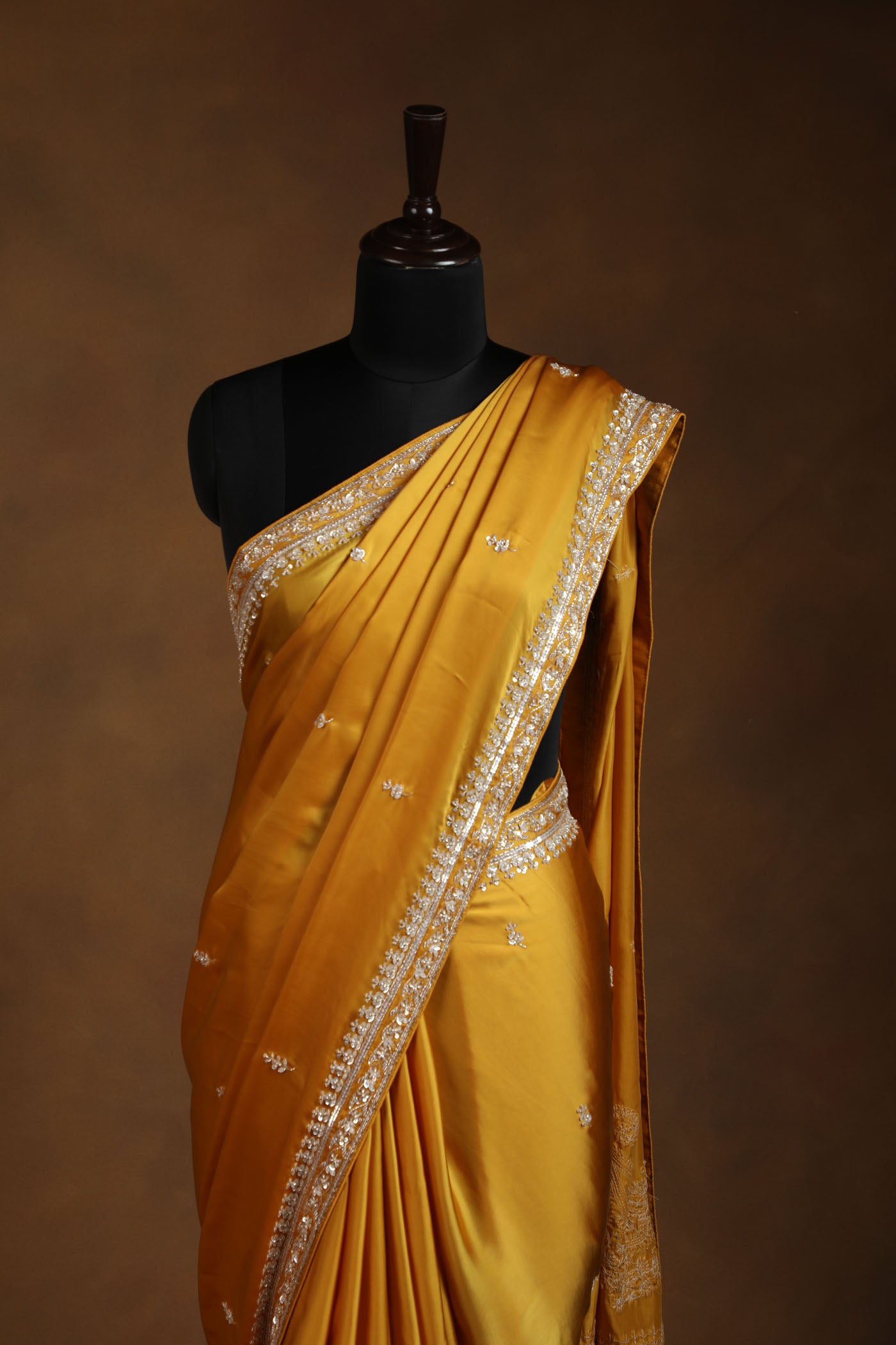 Mustard Yellow Satin Saree with Elegant Silver Embroidery
