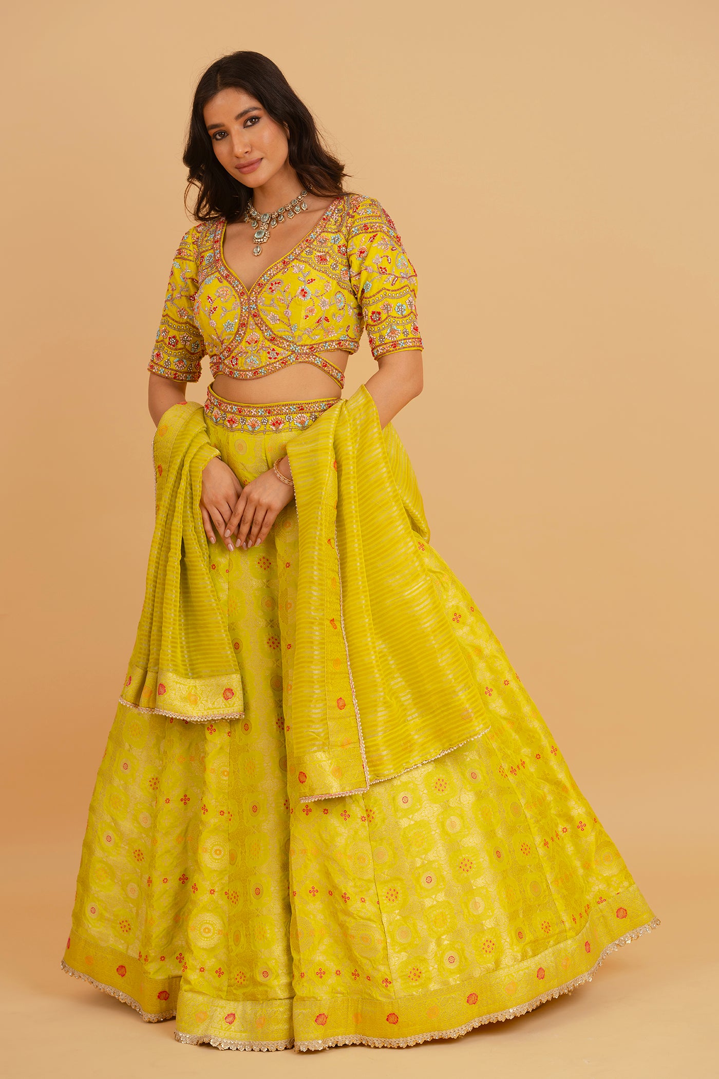 Lime green banarsi lehenga with multicolour embroidery
