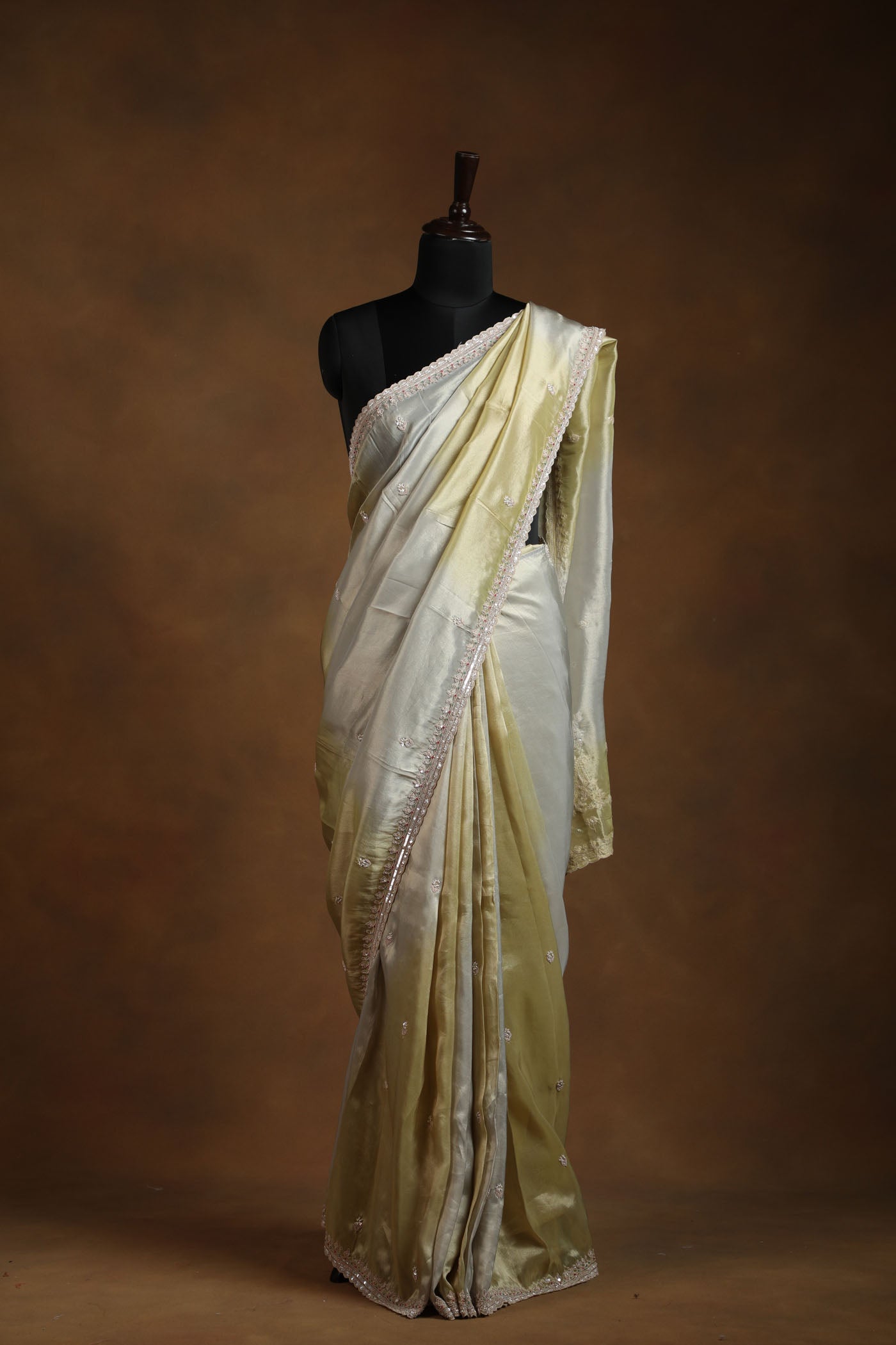 Olive Green Blush Gold Shaded Organza Tissue Saree with Intricate Pearl, Zardosi, Kardana & Sequin Embroidery