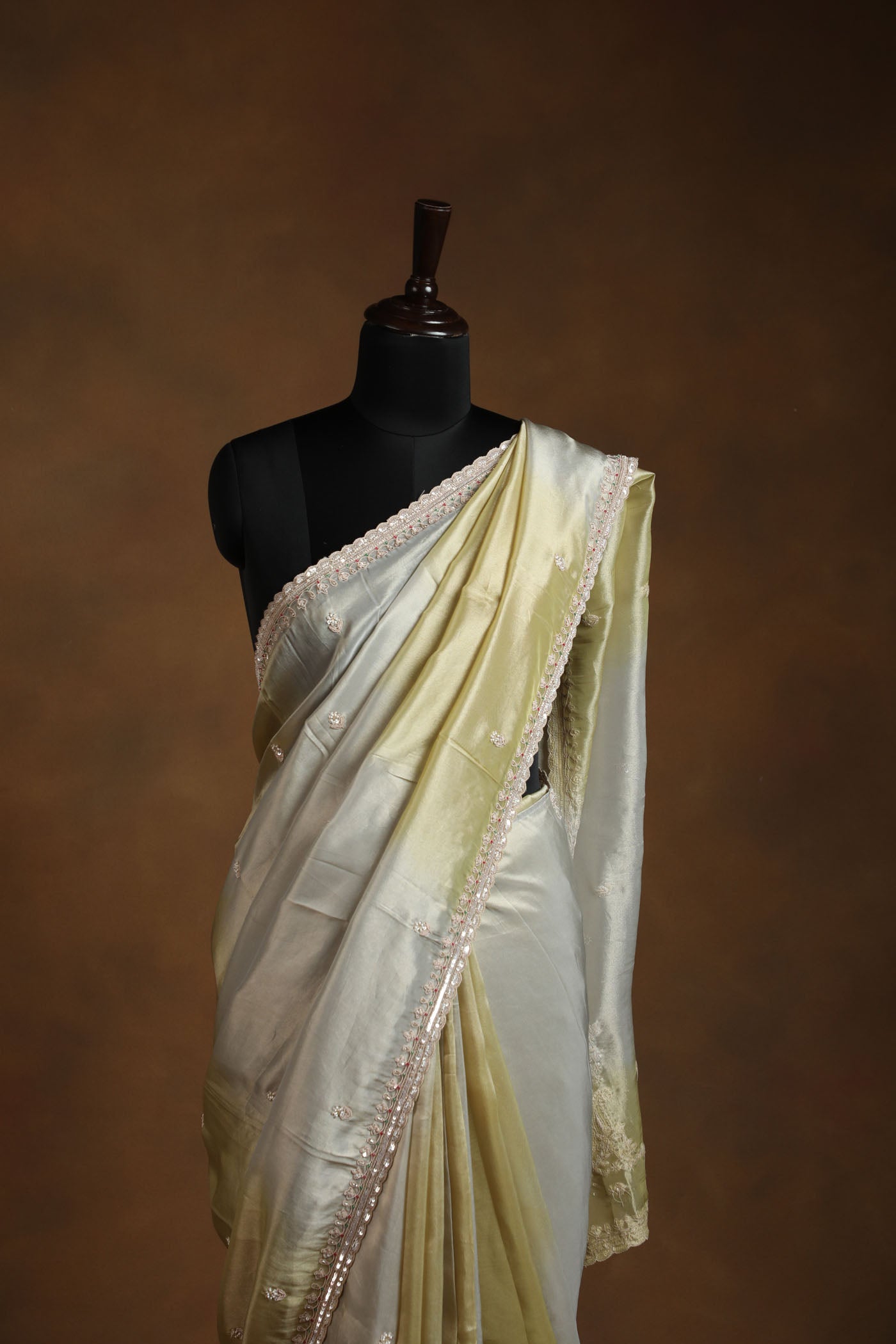 Olive Green Blush Gold Shaded Organza Tissue Saree with Intricate Pearl, Zardosi, Kardana & Sequin Embroidery