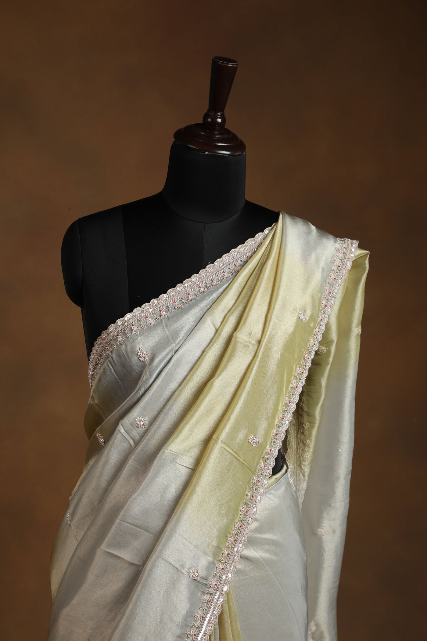 Olive Green Blush Gold Shaded Organza Tissue Saree with Intricate Pearl, Zardosi, Kardana & Sequin Embroidery