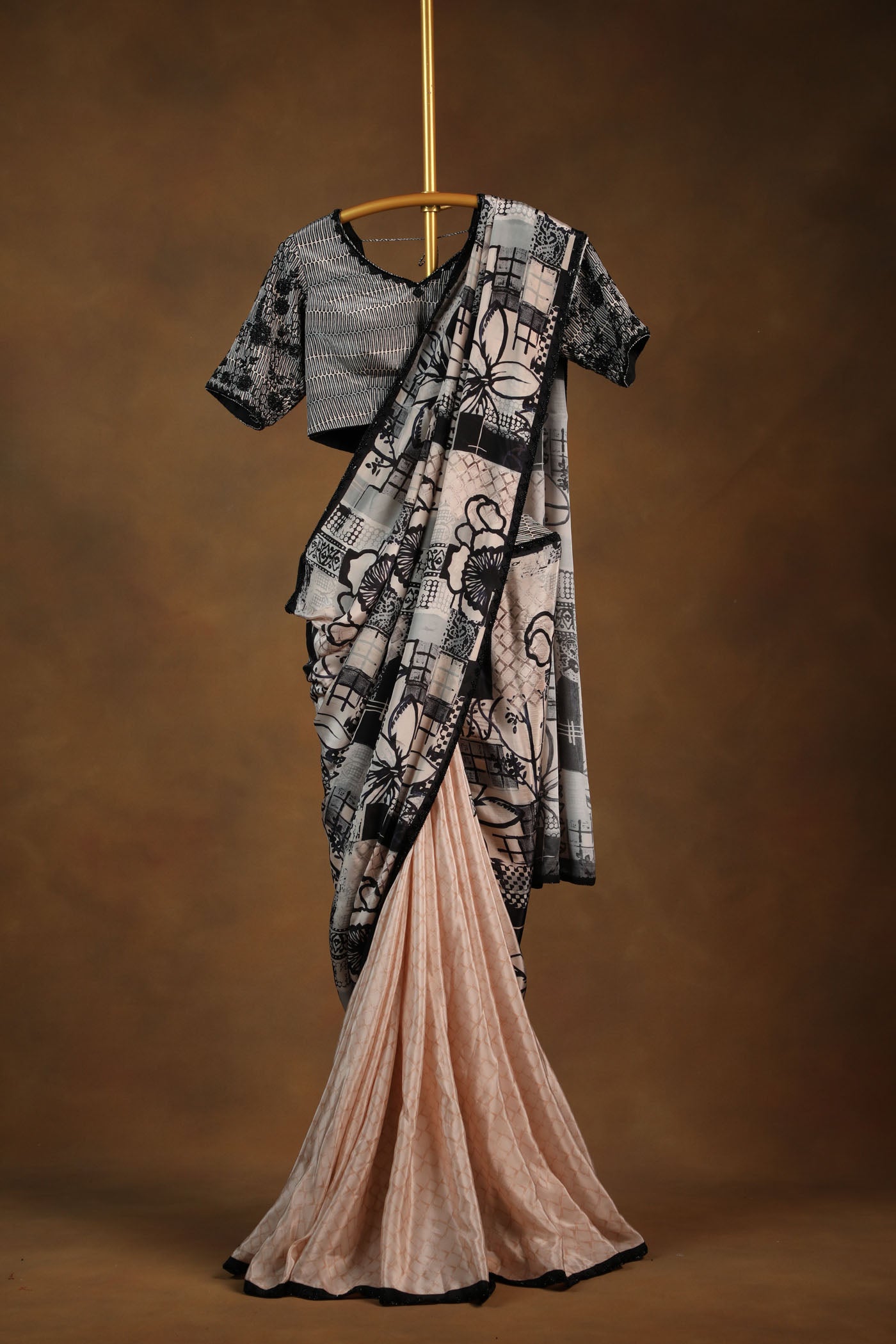 Elegant Monochrome Printed Saree with Designer Readymade Blouse