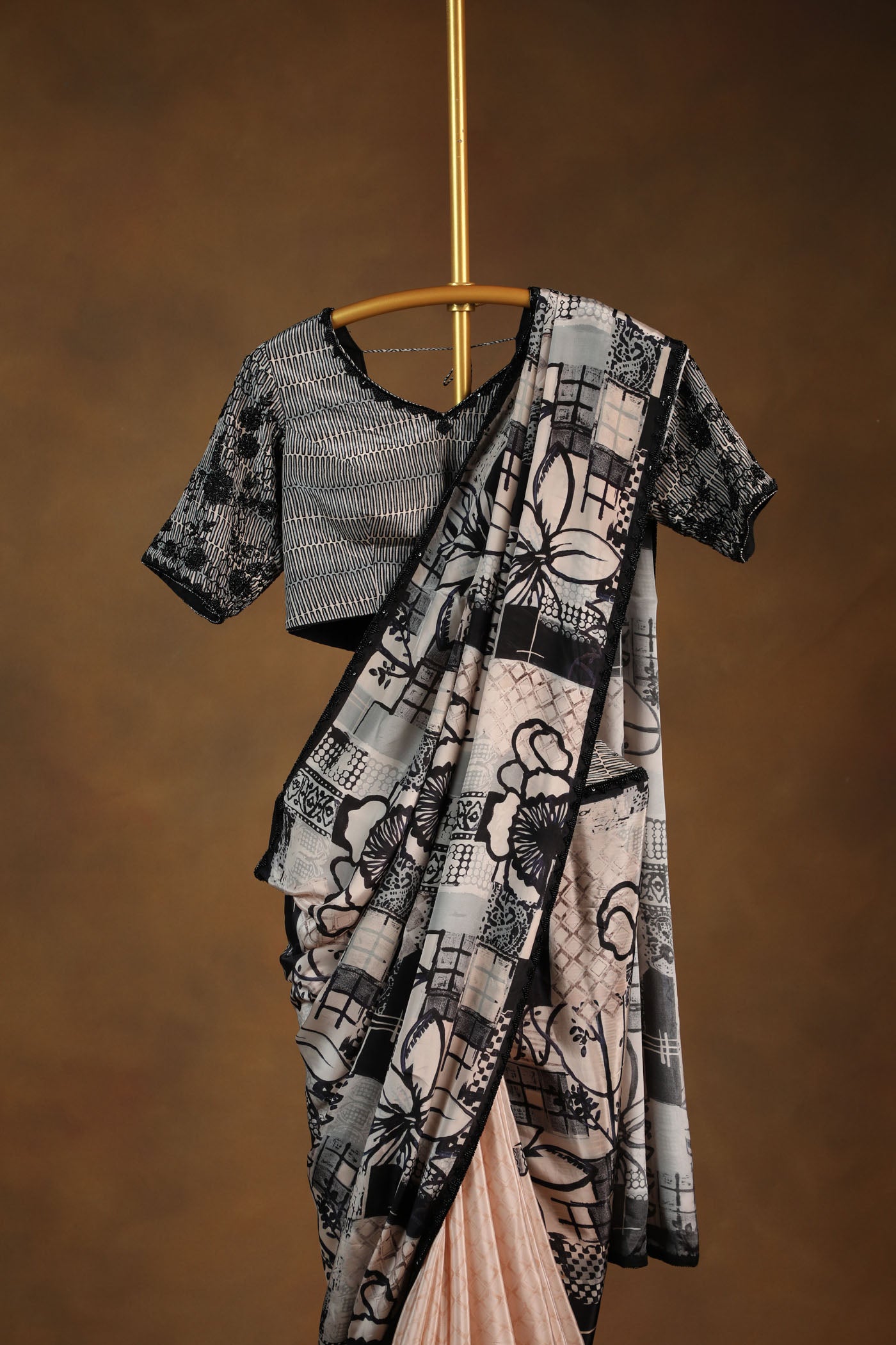 Elegant Monochrome Printed Saree with Designer Readymade Blouse