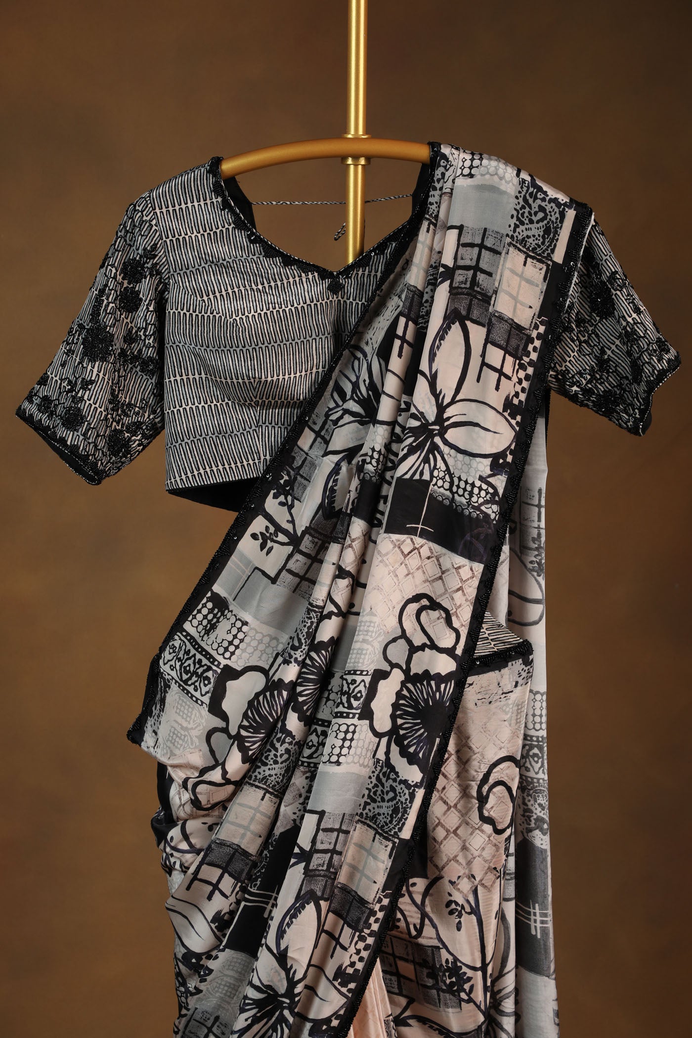 Elegant Monochrome Printed Saree with Designer Readymade Blouse