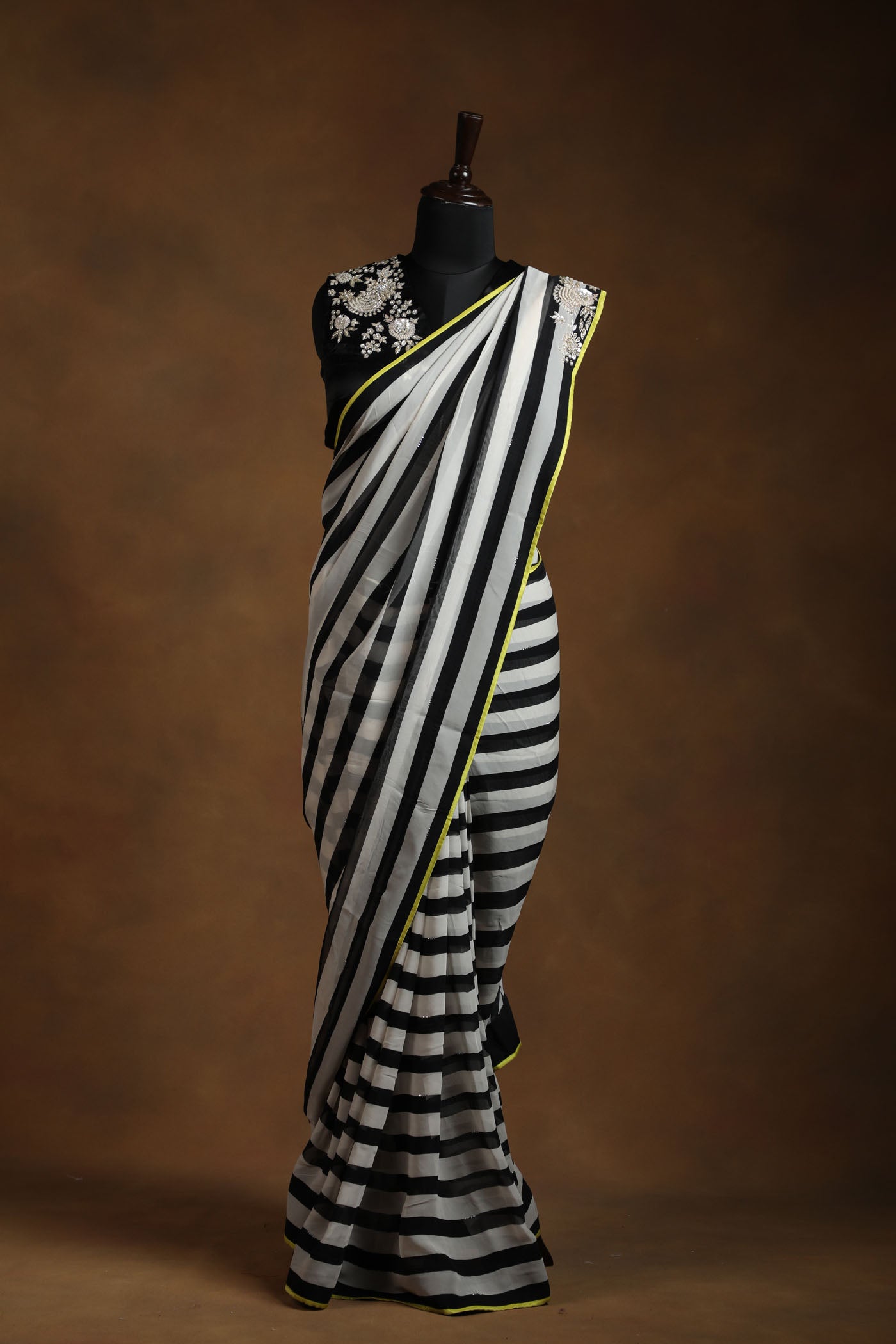 Chic Striped Saree with Embellished Black satin Readymade Blouse