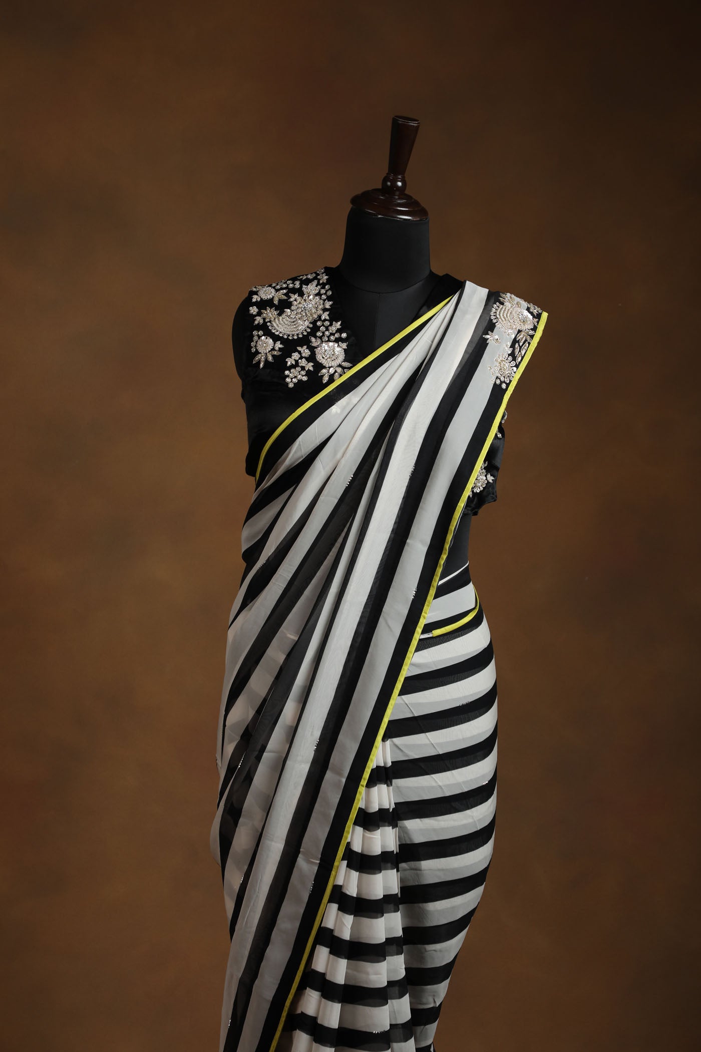 Chic Striped Saree with Embellished Black satin Readymade Blouse