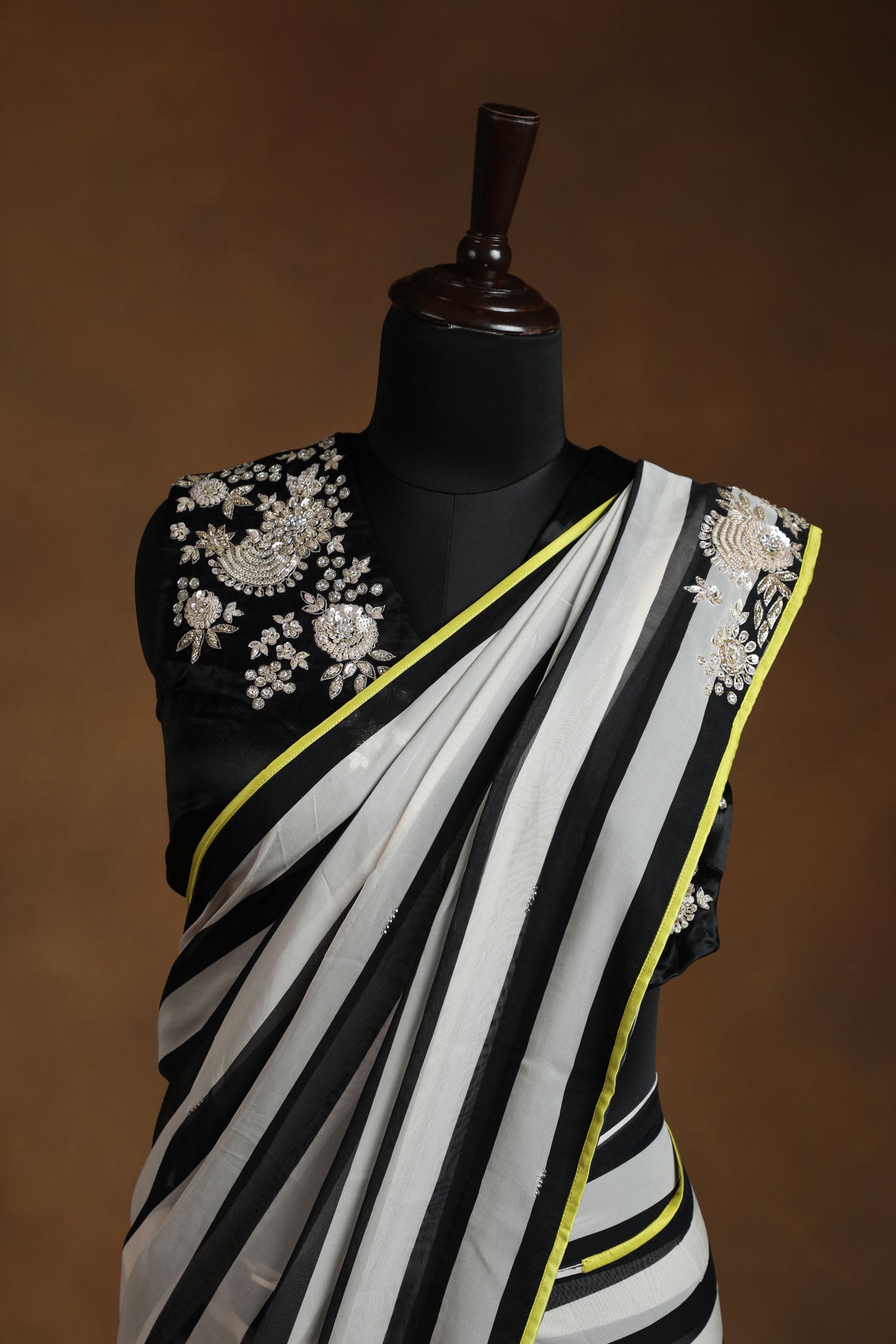 Chic Striped Saree with Embellished Black satin Readymade Blouse