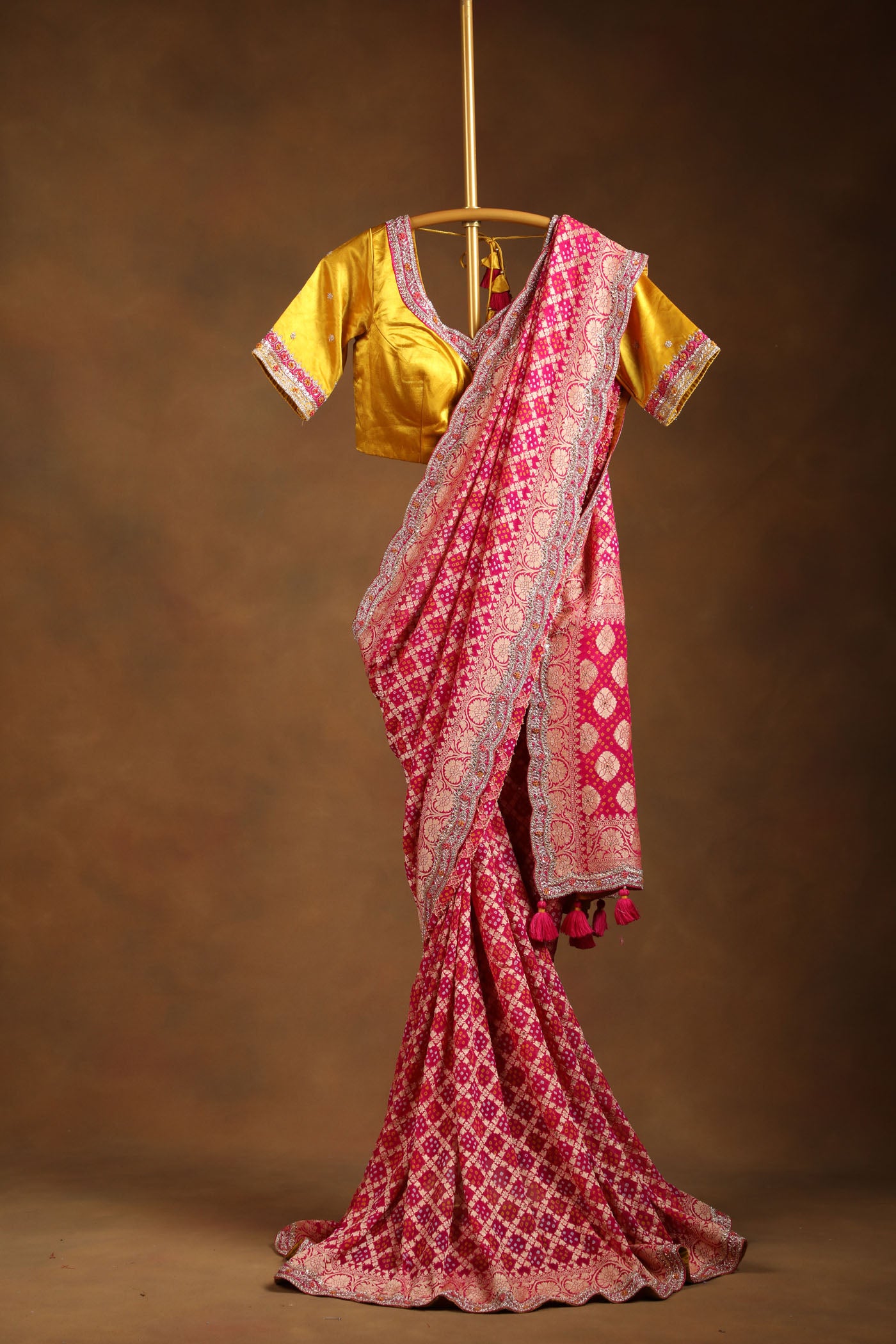 Royal pink and Gold Banarasi Saree with Embroidered Mustard Silk Readymade Blouse