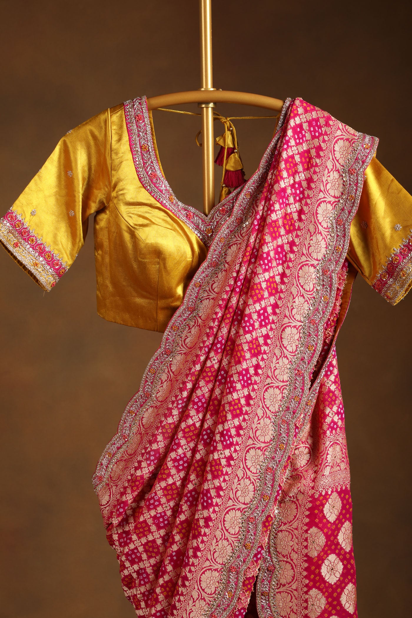 Royal pink and Gold Banarasi Saree with Embroidered Mustard Silk Readymade Blouse