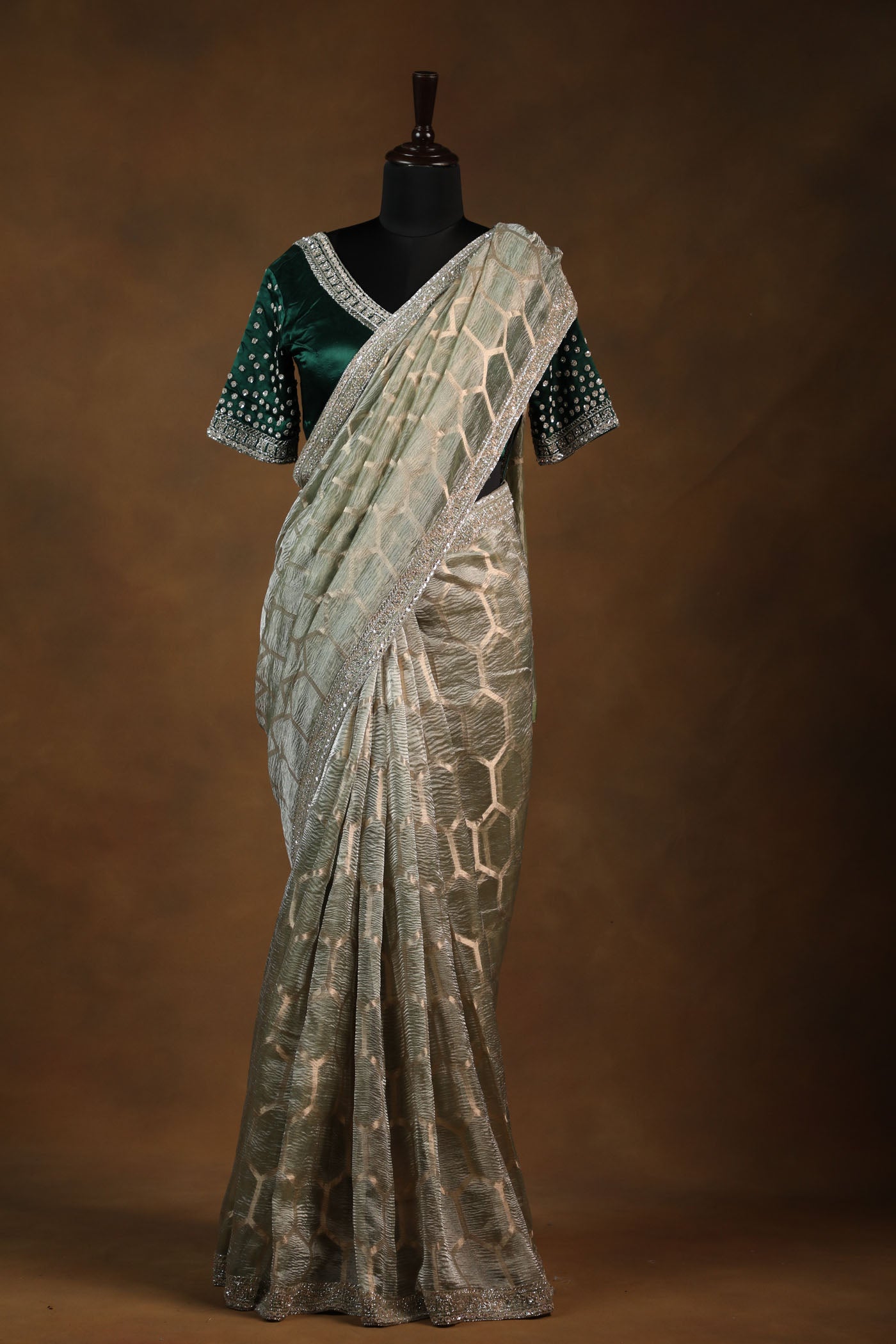 Elegant Olive Green Crush Tissue Saree with Embellished Bottle Green Satin Blouse