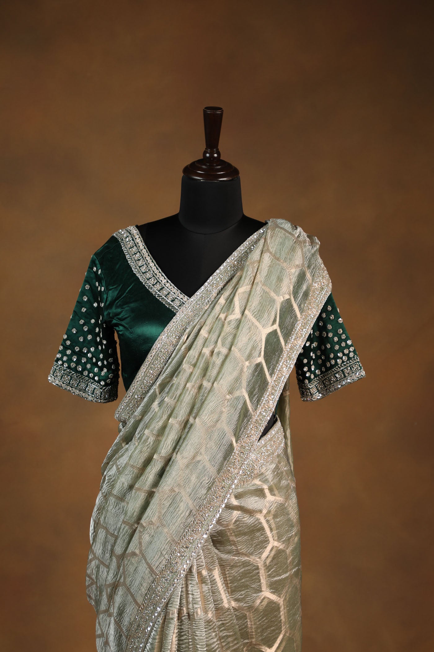 Elegant Olive Green Crush Tissue Saree with Embellished Bottle Green Satin Blouse
