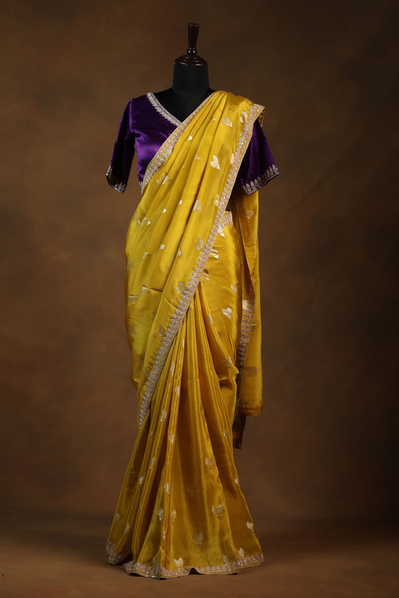 Vibrant Yellow Heart Motif Saree with Embellished Purple Satin Readymade Blouse
