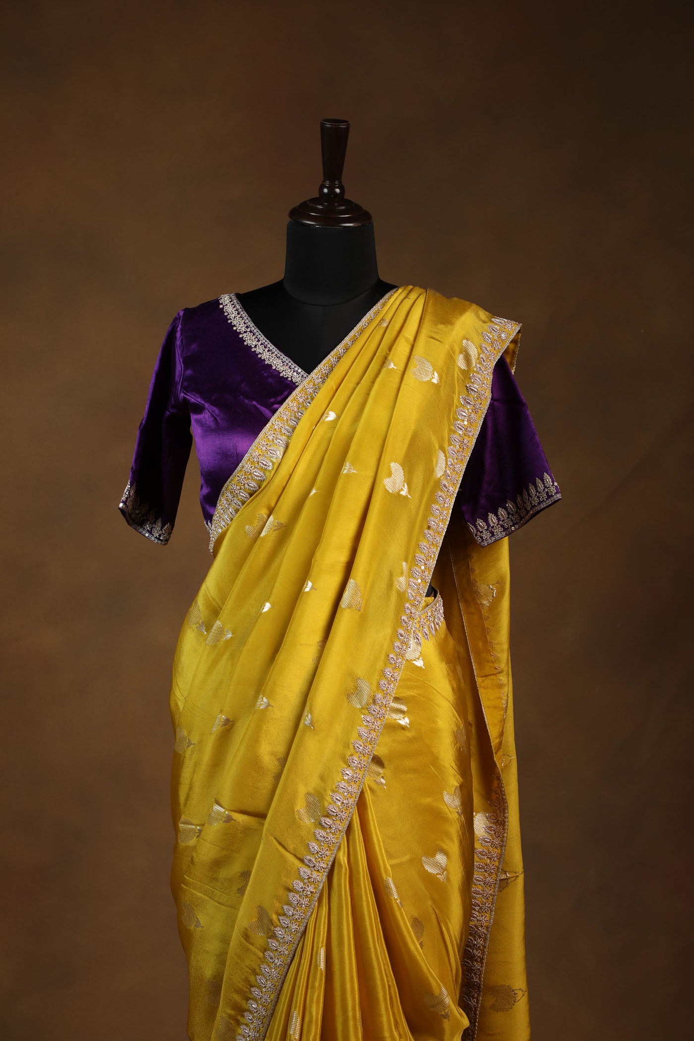 Vibrant Yellow Heart Motif Saree with Embellished Purple Satin Readymade Blouse
