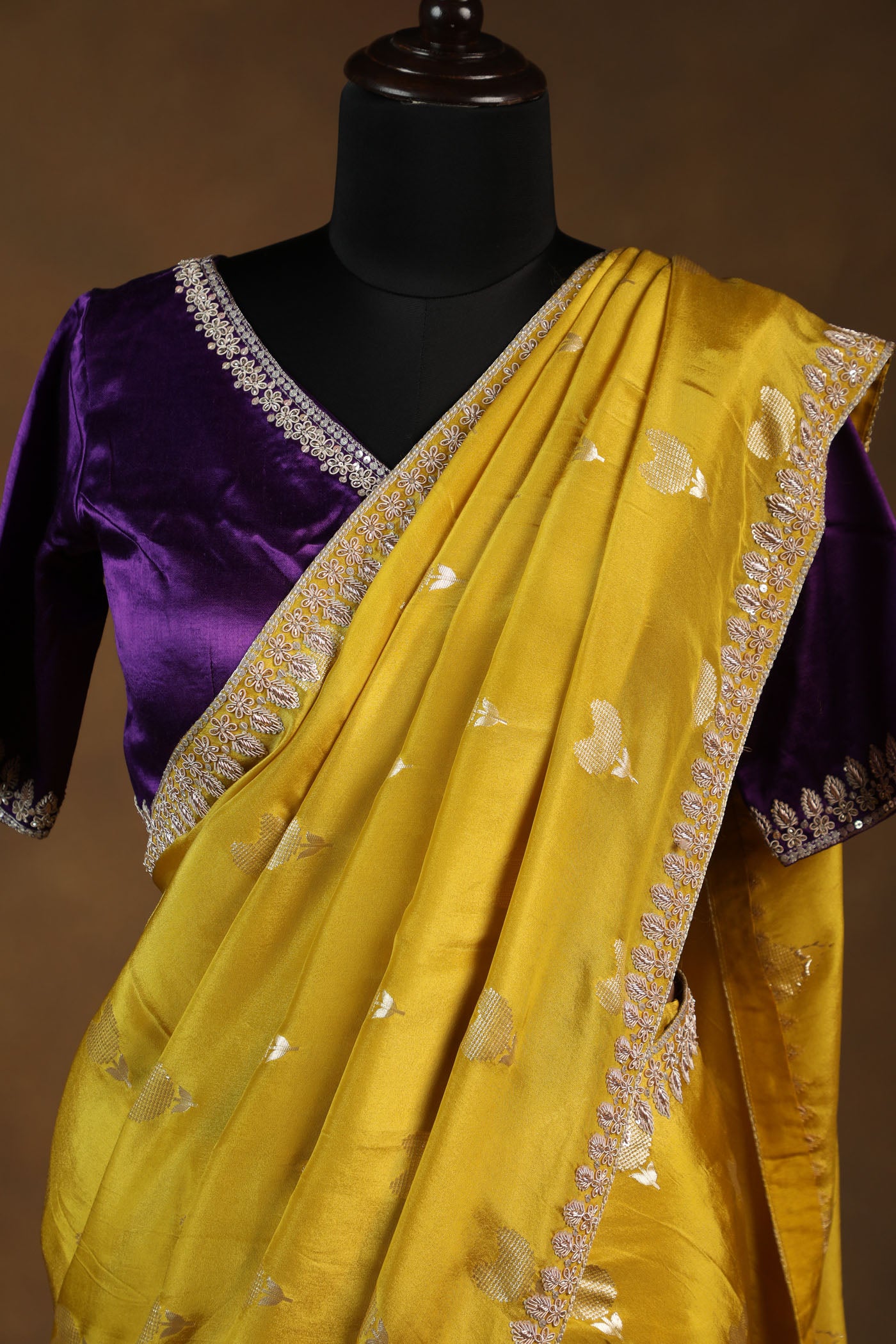 Vibrant Yellow Heart Motif Saree with Embellished Purple Satin Readymade Blouse
