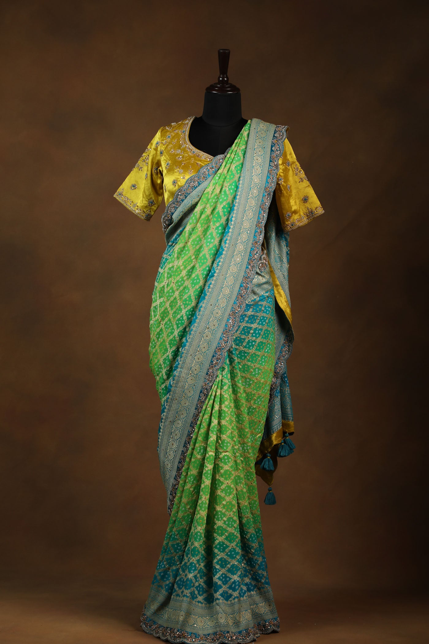 Royal Blue And Green Shaded Georgette Saree with Embroidered Sunshine Yellow Satin Readymade Blouse (RTS)