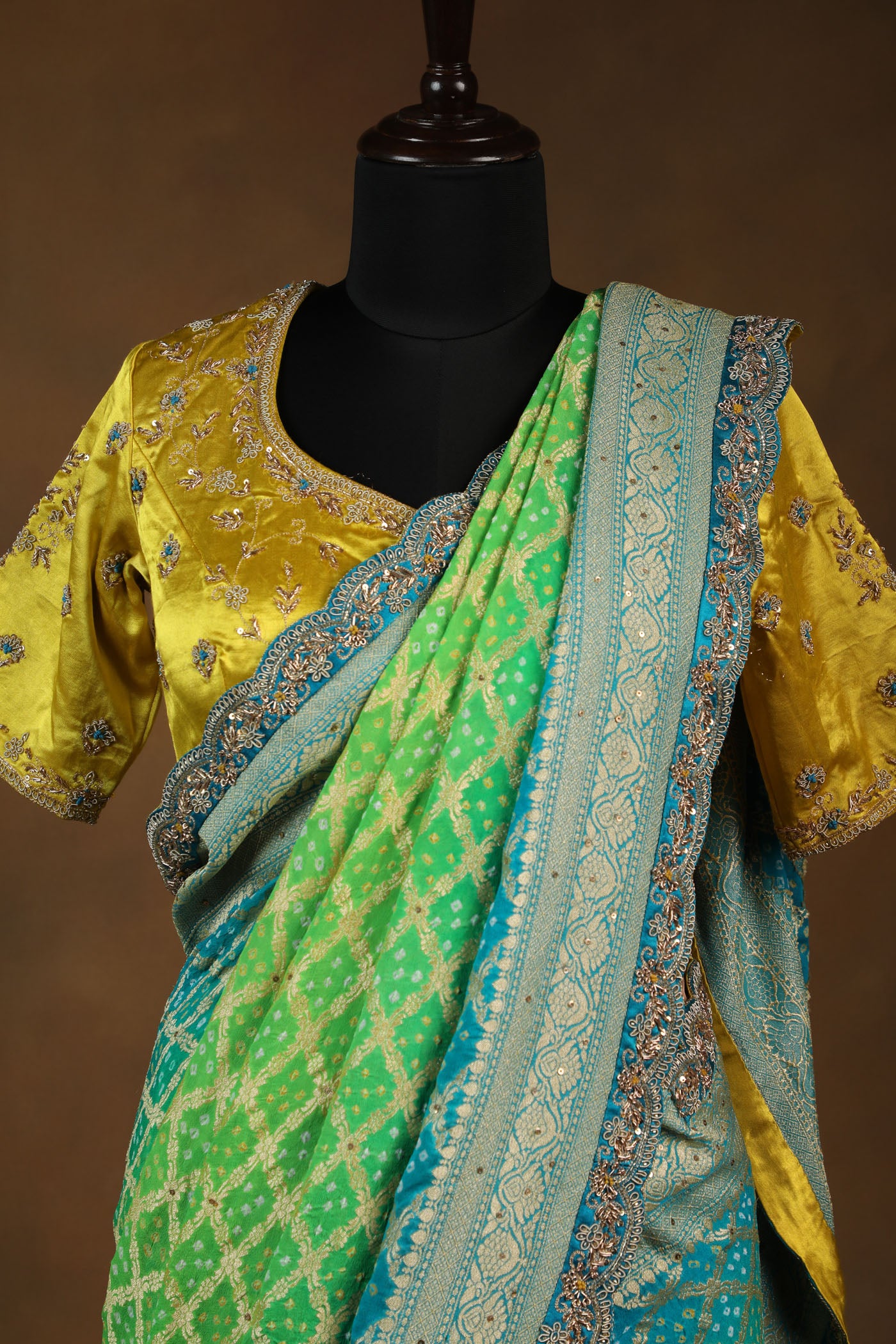 Royal Blue And Green Shaded Georgette Saree with Embroidered Sunshine Yellow Satin Readymade Blouse